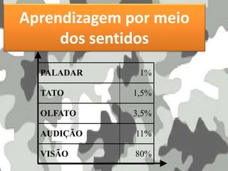Aprendizagem por meio
dos sentidos
PALADAR 1%
TATO 1,5%
OLFATO 3,5%
AUDIÇÃO 11%
VISÃO 80%
 