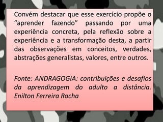 Convém destacar que esse exercício propõe o
“aprender fazendo” passando por uma
experiência concreta, pela reflexão sobre a
experiência e a transformação desta, a partir
das observações em conceitos, verdades,
abstrações generalistas, valores, entre outros.
Fonte: ANDRAGOGIA: contribuições e desafios
da aprendizagem do adulto a distância.
Enilton Ferreira Rocha
 