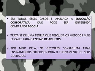 • EM TODOS ESSES CASOS É APLICADA A EDUCAÇÃO
CORPORATIVA, QUE PODE SER ENTENDIDA
COMO ANDRAGOGIA.
• TRATA-SE DE UMA TEORIA QUE PESQUISA OS MÉTODOS MAIS
EFICAZES PARA O ENSINO DE ADULTOS.
• POR MEIO DELA, OS GESTORES CONSEGUEM TIRAR
ENSINAMENTOS PRECIOSOS PARA O TREINAMENTO DE SEUS
LIDERADOS.
 
