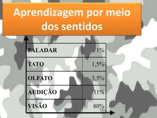 Aprendizagem por meio
dos sentidos
PALADAR 1%
TATO 1,5%
OLFATO 3,5%
AUDIÇÃO 11%
VISÃO 80%
 