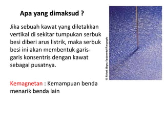 Apa yang dimaksud ?
Jika sebuah kawat yang diletakkan
vertikal di sekitar tumpukan serbuk
besi diberi arus listrik, maka serbuk
besi ini akan membentuk garis-
garis konsentris dengan kawat
sebagai pusatnya.

Kemagnetan : Kemampuan benda
menarik benda lain
 