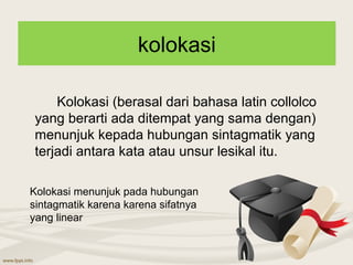 kolokasi

     Kolokasi (berasal dari bahasa latin collolco
 yang berarti ada ditempat yang sama dengan)
 menunjuk kepada hubungan sintagmatik yang
 terjadi antara kata atau unsur lesikal itu.

Kolokasi menunjuk pada hubungan
sintagmatik karena karena sifatnya
yang linear
 