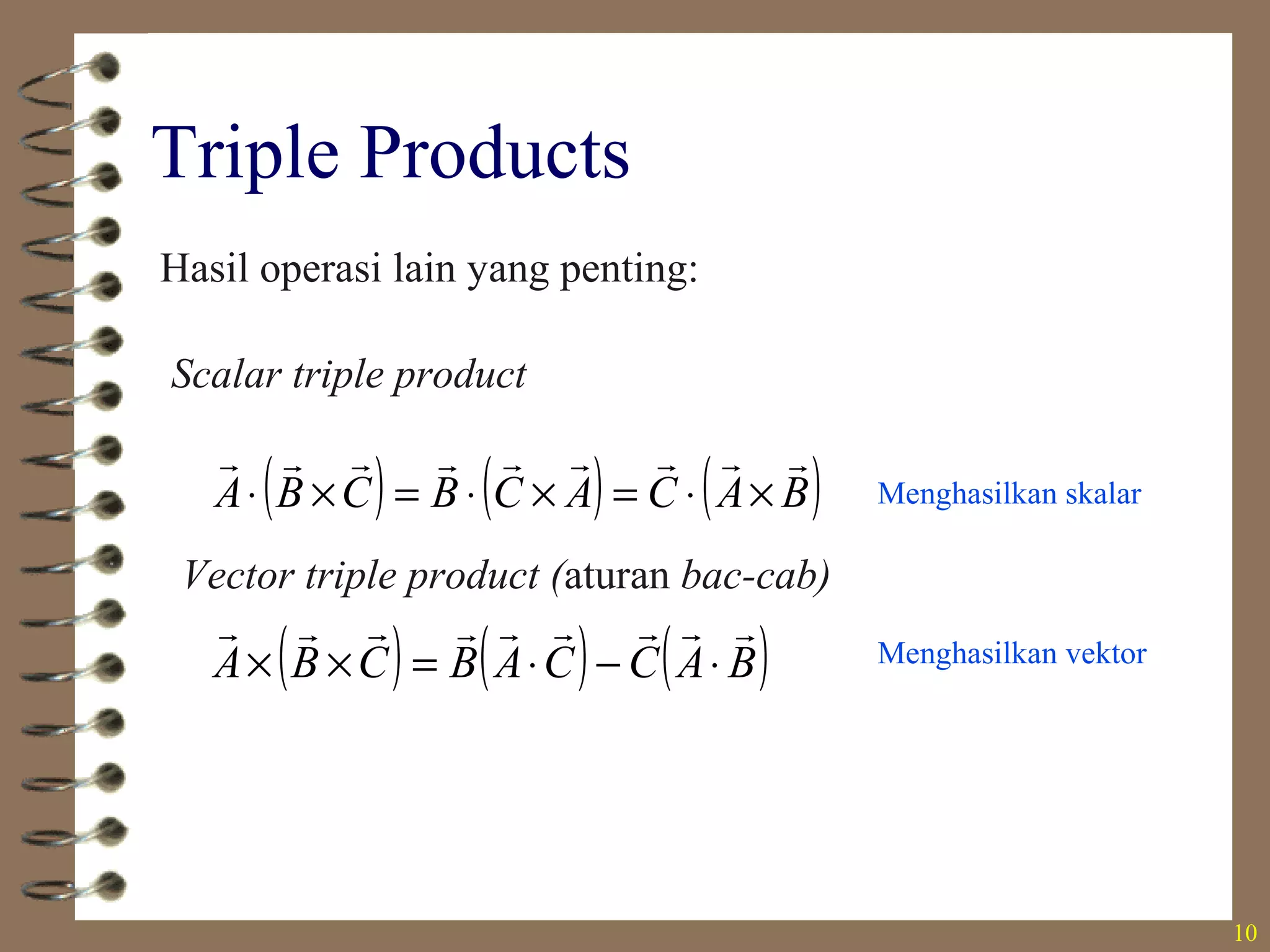 10
Triple Products
Hasil operasi lain yang penting:
( ) ( ) ( )BACACBCBA

×⋅=×⋅=×⋅
Scalar triple product
Vector triple product (aturan bac-cab)
( ) ( ) ( )BACCABCBA

⋅−⋅=××
Menghasilkan skalar
Menghasilkan vektor
 