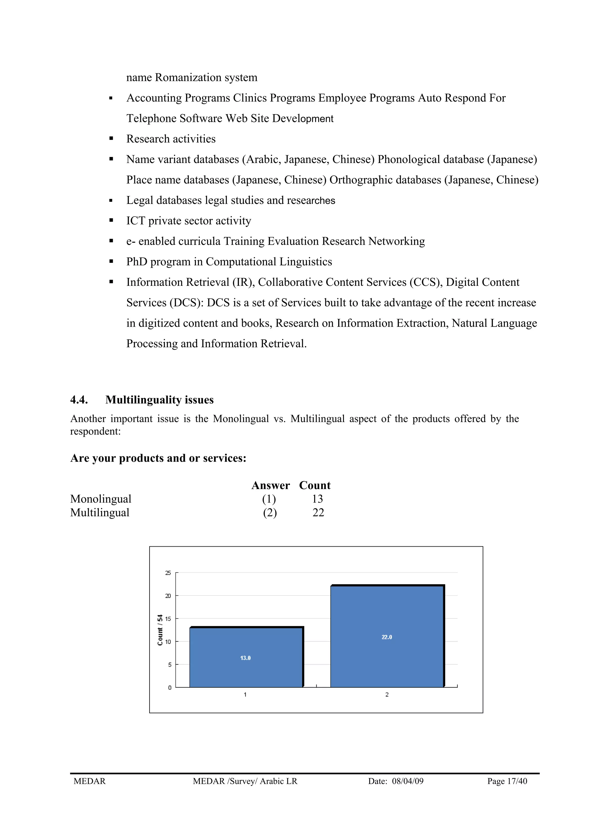 name Romanization system
Accounting Programs Clinics Programs Employee Programs Auto Respond For
Telephone Software Web Site Development
Research activities
Name variant databases (Arabic, Japanese, Chinese) Phonological database (Japanese)
Place name databases (Japanese, Chinese) Orthographic databases (Japanese, Chinese)
Legal databases legal studies and researches
ICT private sector activity
e- enabled curricula Training Evaluation Research Networking
PhD program in Computational Linguistics
Information Retrieval (IR), Collaborative Content Services (CCS), Digital Content
Services (DCS): DCS is a set of Services built to take advantage of the recent increase
in digitized content and books, Research on Information Extraction, Natural Language
Processing and Information Retrieval.
4.4. Multilinguality issues
Another important issue is the Monolingual vs. Multilingual aspect of the products offered by the
respondent:
Are your products and or services:
Answer Count
Monolingual (1) 13
Multilingual (2) 22
MEDAR MEDAR /Survey/ Arabic LR Date: 08/04/09 Page 17/40
 