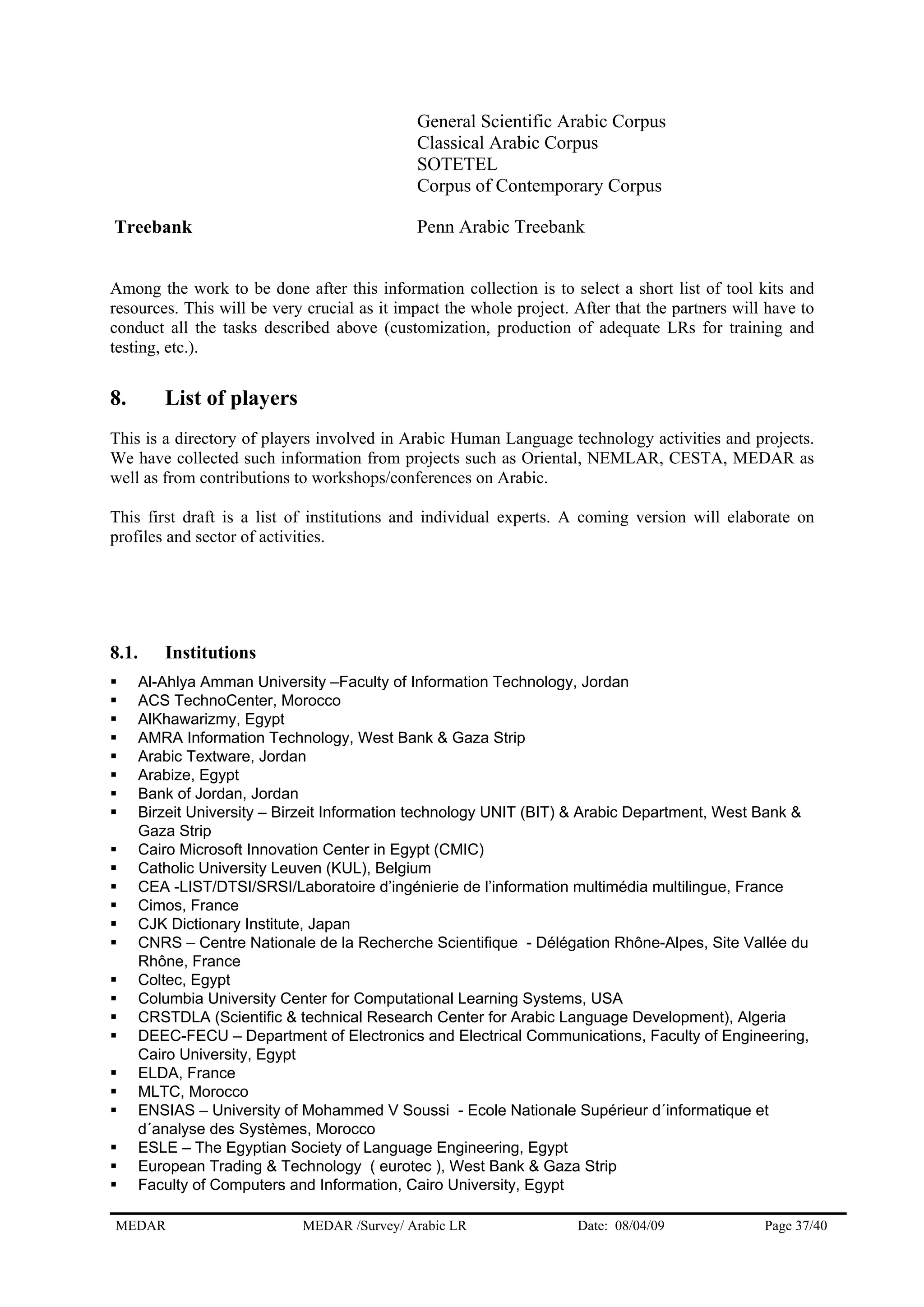General Scientific Arabic Corpus
Classical Arabic Corpus
SOTETEL
Corpus of Contemporary Corpus
Treebank Penn Arabic Treebank
Among the work to be done after this information collection is to select a short list of tool kits and
resources. This will be very crucial as it impact the whole project. After that the partners will have to
conduct all the tasks described above (customization, production of adequate LRs for training and
testing, etc.).
8. List of players
This is a directory of players involved in Arabic Human Language technology activities and projects.
We have collected such information from projects such as Oriental, NEMLAR, CESTA, MEDAR as
well as from contributions to workshops/conferences on Arabic.
This first draft is a list of institutions and individual experts. A coming version will elaborate on
profiles and sector of activities.
8.1. Institutions
Al-Ahlya Amman University –Faculty of Information Technology, Jordan
ACS TechnoCenter, Morocco
AlKhawarizmy, Egypt
AMRA Information Technology, West Bank & Gaza Strip
Arabic Textware, Jordan
Arabize, Egypt
Bank of Jordan, Jordan
Birzeit University – Birzeit Information technology UNIT (BIT) & Arabic Department, West Bank &
Gaza Strip
Cairo Microsoft Innovation Center in Egypt (CMIC)
Catholic University Leuven (KUL), Belgium
CEA -LIST/DTSI/SRSI/Laboratoire d’ingénierie de l’information multimédia multilingue, France
Cimos, France
CJK Dictionary Institute, Japan
CNRS – Centre Nationale de la Recherche Scientifique - Délégation Rhône-Alpes, Site Vallée du
Rhône, France
Coltec, Egypt
Columbia University Center for Computational Learning Systems, USA
CRSTDLA (Scientific & technical Research Center for Arabic Language Development), Algeria
DEEC-FECU – Department of Electronics and Electrical Communications, Faculty of Engineering,
Cairo University, Egypt
ELDA, France
MLTC, Morocco
ENSIAS – University of Mohammed V Soussi - Ecole Nationale Supérieur d´informatique et
d´analyse des Systèmes, Morocco
ESLE – The Egyptian Society of Language Engineering, Egypt
European Trading & Technology ( eurotec ), West Bank & Gaza Strip
Faculty of Computers and Information, Cairo University, Egypt
MEDAR MEDAR /Survey/ Arabic LR Date: 08/04/09 Page 37/40
 