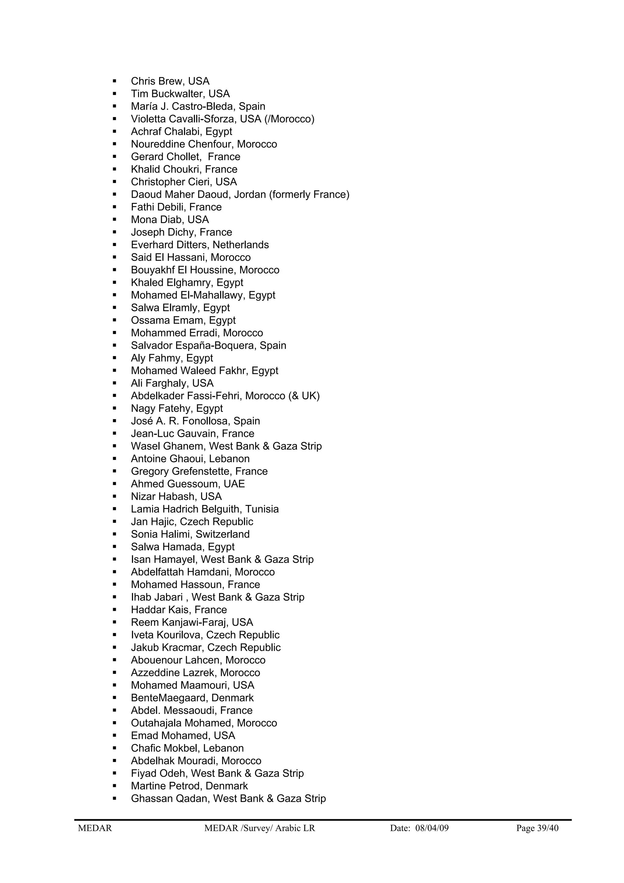 Chris Brew, USA
Tim Buckwalter, USA
María J. Castro-Bleda, Spain
Violetta Cavalli-Sforza, USA (/Morocco)
Achraf Chalabi, Egypt
Noureddine Chenfour, Morocco
Gerard Chollet, France
Khalid Choukri, France
Christopher Cieri, USA
Daoud Maher Daoud, Jordan (formerly France)
Fathi Debili, France
Mona Diab, USA
Joseph Dichy, France
Everhard Ditters, Netherlands
Said El Hassani, Morocco
Bouyakhf El Houssine, Morocco
Khaled Elghamry, Egypt
Mohamed El-Mahallawy, Egypt
Salwa Elramly, Egypt
Ossama Emam, Egypt
Mohammed Erradi, Morocco
Salvador España-Boquera, Spain
Aly Fahmy, Egypt
Mohamed Waleed Fakhr, Egypt
Ali Farghaly, USA
Abdelkader Fassi-Fehri, Morocco (& UK)
Nagy Fatehy, Egypt
José A. R. Fonollosa, Spain
Jean-Luc Gauvain, France
Wasel Ghanem, West Bank & Gaza Strip
Antoine Ghaoui, Lebanon
Gregory Grefenstette, France
Ahmed Guessoum, UAE
Nizar Habash, USA
Lamia Hadrich Belguith, Tunisia
Jan Hajic, Czech Republic
Sonia Halimi, Switzerland
Salwa Hamada, Egypt
Isan Hamayel, West Bank & Gaza Strip
Abdelfattah Hamdani, Morocco
Mohamed Hassoun, France
Ihab Jabari , West Bank & Gaza Strip
Haddar Kais, France
Reem Kanjawi-Faraj, USA
Iveta Kourilova, Czech Republic
Jakub Kracmar, Czech Republic
Abouenour Lahcen, Morocco
Azzeddine Lazrek, Morocco
Mohamed Maamouri, USA
BenteMaegaard, Denmark
Abdel. Messaoudi, France
Outahajala Mohamed, Morocco
Emad Mohamed, USA
Chafic Mokbel, Lebanon
Abdelhak Mouradi, Morocco
Fiyad Odeh, West Bank & Gaza Strip
Martine Petrod, Denmark
Ghassan Qadan, West Bank & Gaza Strip
MEDAR MEDAR /Survey/ Arabic LR Date: 08/04/09 Page 39/40
 