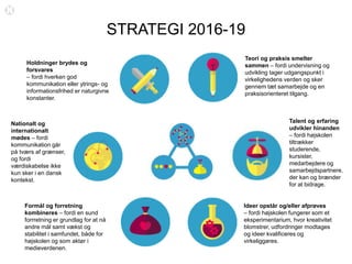 STRATEGI 2016-19
Teori og praksis smelter
sammen – fordi undervisning og
udvikling tager udgangspunkt i
virkelighedens verden og sker
gennem tæt samarbejde og en
praksisorienteret tilgang.
Talent og erfaring
udvikler hinanden
– fordi højskolen
tiltrækker
studerende,
kursister,
medarbejdere og
samarbejdspartnere,
der kan og brænder
for at bidrage.
Ideer opstår og/eller afprøves
– fordi højskolen fungerer som et
eksperimentarium, hvor kreativitet
blomstrer, udfordringer modtages
og ideer kvalificeres og
virkeliggøres.
Formål og forretning
kombineres – fordi en sund
forrretning er grundlag for at nå
andre mål samt vækst og
stabilitet i samfundet, både for
højskolen og som aktør i
medieverdenen.
Nationalt og
internationalt
mødes – fordi
kommunikation går
på tværs af grænser,
og fordi
værdiskabelse ikke
kun sker i en dansk
kontekst.
Holdninger brydes og
forsvares
– fordi hverken god
kommunikation eller ytrings- og
informationsfrihed er naturgivne
konstanter.
 