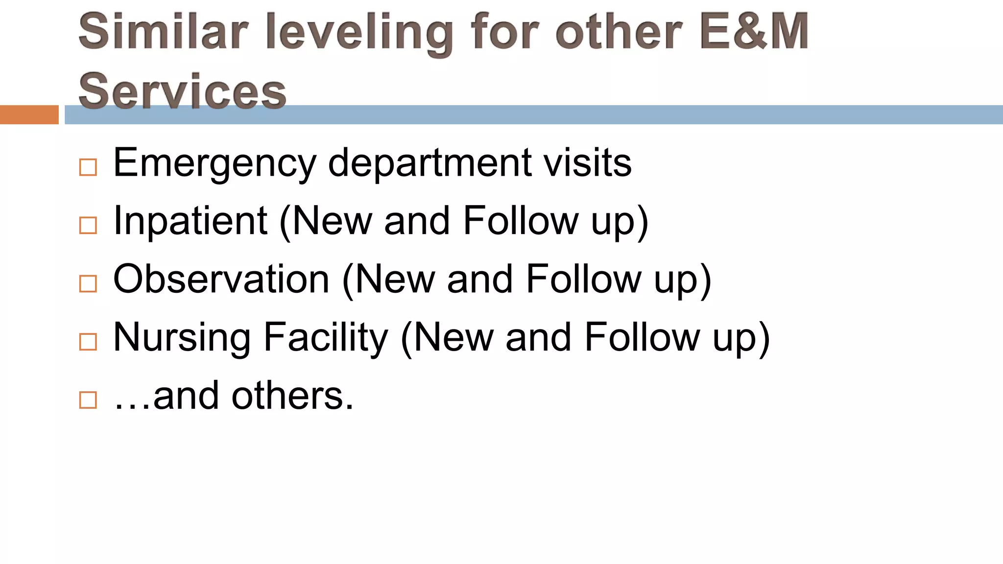  Emergency department visits
 Inpatient (New and Follow up)
 Observation (New and Follow up)
 Nursing Facility (New and Follow up)
 …and others.
 