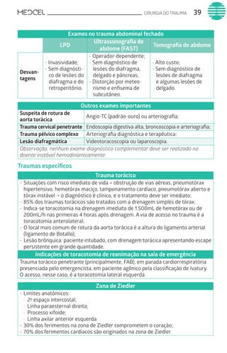 CIRURGIA DO TRAUMA 39
Exames no trauma abdominal fechado
LPD
Ultrassonografia de
abdome (FAST)
Tomografia de abdome
Desvan-
tagens
- Invasividade;
- Sem diagnósti-
co de lesões do
diafragma e do
retroperitônio.
- Operador-dependente;
- Sem diagnóstico de
lesões do diafragma,
delgado e pâncreas;
- Distorção por meteo-
rismo e enfisema de
subcutâneo.
- Alto custo;
- Sem diagnóstico de
lesões de diafragma
e algumas lesões de
delgado.
Outros exames importantes
Suspeita de rotura de
aorta torácica
Angio-TC (padrão-ouro) ou arteriografia;
Trauma cervical penetrante Endoscopia digestiva alta, broncoscopia e arteriografia;
Trauma pélvico complexo Arteriografia diagnóstica e terapêutica;
Lesão diafragmática Videotoracoscopia ou laparoscopia.
Observação: nenhum exame diagnóstico complementar deve ser realizado no
doente instável hemodinamicamente.
Traumas específicos
Trauma torácico
-	Situações com risco imediato de vida = obstrução de vias aéreas, pneumotórax
hipertensivo, hemotórax maciço, tamponamento cardíaco, pneumotórax aberto e
tórax instável → o diagnóstico é clínico, e o tratamento deve ser imediato;
-	85% dos traumas torácicos são tratados com a drenagem simples de tórax;
-	Indica-se toracotomia na drenagem imediata de 1.500mL de hemotórax ou de
200mL/h nas primeiras 4 horas após drenagem. A via de acesso no trauma é a
toracotomia anterolateral;
-	O local mais comum de rotura da aorta torácica é a altura do ligamento arterial
(ligamento de Botallo);
-	Lesão brônquica: paciente intubado, com drenagem torácica apresentando escape
persistente em grande quantidade.
Indicações de toracotomia de reanimação na sala de emergência
Trauma torácico penetrante (principalmente, FAB), em parada cardiorrespiratória
presenciada pelo emergencista, em paciente agônico pela classificação de Ivatury.
O acesso, nesse caso, é a toracotomia lateral esquerda.
Zona de Ziedler
-	Limites anatômicos:
·	 2º espaço intercostal;
·	 Linha paraesternal direita;
·	 Processo xifoide;
·	 Linha axilar anterior esquerda.
-	30% dos ferimentos na zona de Ziedler comprometem o coração;
-	70% dos ferimentos cardíacos são originados na zona de Ziedler.
 