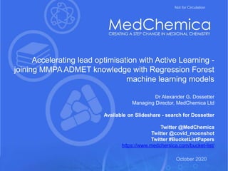 Exploiting medicinal chemistry knowledge to accelerate projects October 2020
October 2020
Not for Circulation
Accelerating lead optimisation with Active Learning -
joining MMPA ADMET knowledge with Regression Forest
machine learning models
Dr Alexander G. Dossetter
Managing Director, MedChemica Ltd
Available on Slideshare - search for Dossetter
Twitter @MedChemica
Twitter @covid_moonshot
Twitter #BucketListPapers
https://www.medchemica.com/bucket-list/
 