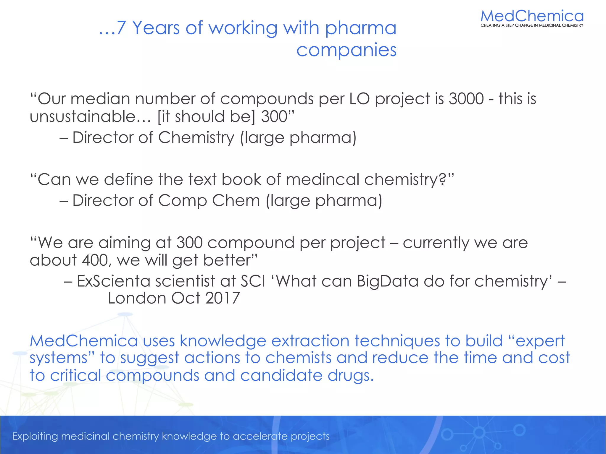 Exploiting medicinal chemistry knowledge to accelerate projectsExploiting medicinal chemistry knowledge to accelerate projects
…7 Years of working with pharma
companies
“Our median number of compounds per LO project is 3000 - this is
unsustainable… [it should be] 300”
– Director of Chemistry (large pharma)
“Can we define the text book of medincal chemistry?”
– Director of Comp Chem (large pharma)
“We are aiming at 300 compound per project – currently we are
about 400, we will get better”
– ExScienta scientist at SCI ‘What can BigData do for chemistry’ –
London Oct 2017
MedChemica uses knowledge extraction techniques to build “expert
systems” to suggest actions to chemists and reduce the time and cost
to critical compounds and candidate drugs.
 