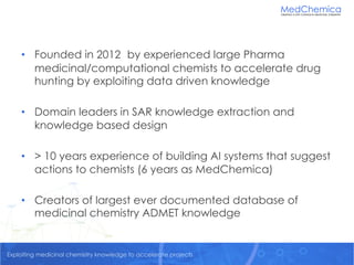Exploiting medicinal chemistry knowledge to accelerate projectsExploiting medicinal chemistry knowledge to accelerate projects
• Founded in 2012 by experienced large Pharma
medicinal/computational chemists to accelerate drug
hunting by exploiting data driven knowledge
• Domain leaders in SAR knowledge extraction and
knowledge based design
• > 10 years experience of building AI systems that suggest
actions to chemists (6 years as MedChemica)
• Creators of largest ever documented database of
medicinal chemistry ADMET knowledge
 