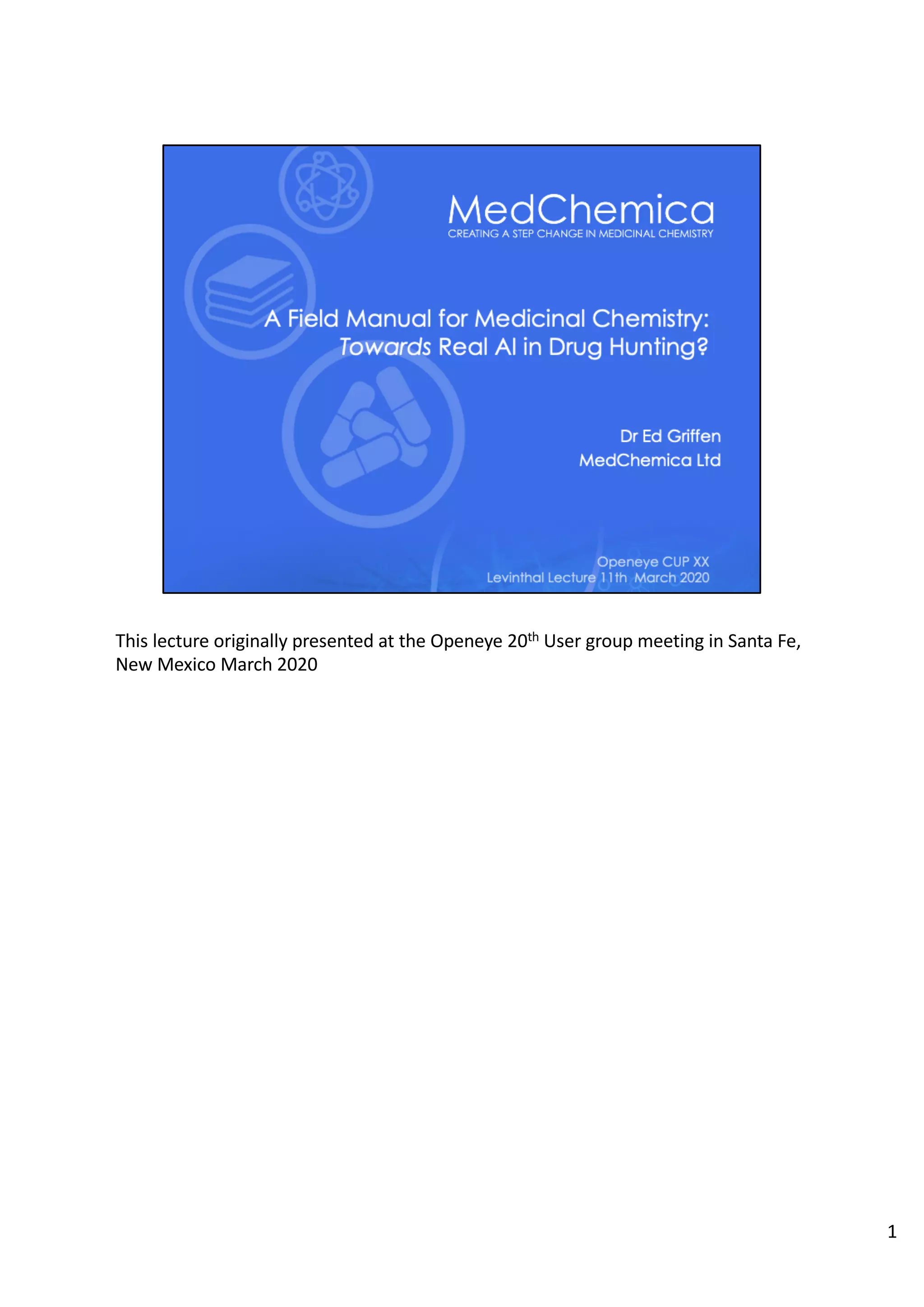 MedChemica Levinthal Lecture at Openeye CUP XX 2020 PDF