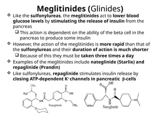 Meglitinides (Glinides)
 Like the sulfonylureas, the meglitinides act to lower blood
glucose levels by stimulating the release of insulin from the
pancreas
 This action is dependent on the ability of the beta cell in the
pancreas to produce some insulin
 However, the action of the meglitinides is more rapid than that of
the sulfonylureas and their duration of action is much shorter
 Because of this they must be taken three times a day
 Examples of the meglitinides include nateglinide (Starlix) and
repaglinide (Prandin)
 Like sulfonylureas, repaglinide stimulates insulin release by
closing ATP-dependent K+
channels in pancreatic β-cells
 