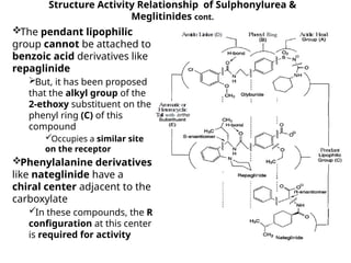Structure Activity Relationship of Sulphonylurea &
Meglitinides cont.
The pendant lipophilic
group cannot be attached to
benzoic acid derivatives like
repaglinide
But, it has been proposed
that the alkyl group of the
2-ethoxy substituent on the
phenyl ring (C) of this
compound
Occupies a similar site
on the receptor
Phenylalanine derivatives
like nateglinide have a
chiral center adjacent to the
carboxylate
In these compounds, the R
configuration at this center
is required for activity
 