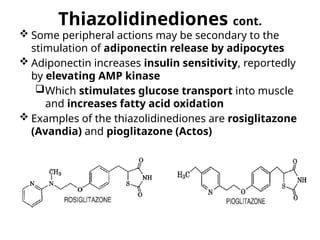 Thiazolidinediones cont.
 Some peripheral actions may be secondary to the
stimulation of adiponectin release by adipocytes
 Adiponectin increases insulin sensitivity, reportedly
by elevating AMP kinase
Which stimulates glucose transport into muscle
and increases fatty acid oxidation
 Examples of the thiazolidinediones are rosiglitazone
(Avandia) and pioglitazone (Actos)
 