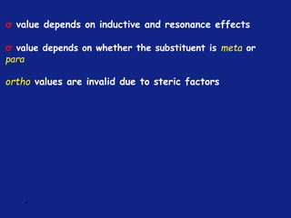 *
σ value depends on inductive and resonance effects
σ value depends on whether the substituent is meta or
para
ortho values are invalid due to steric factors
 
