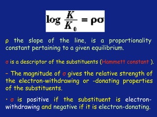 *
ρ the slope of the line, is a proportionality
constant pertaining to a given equilibrium.
σ is a descriptor of the substituents (Hammett constant ).
– The magnitude of σ gives the relative strength of
the electron-withdrawing or -donating properties
of the substituents.
• σ is positive if the substituent is electron-
withdrawing and negative if it is electron-donating.
 