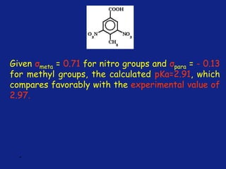 *
Given σmeta = 0.71 for nitro groups and σpara = - 0.13
for methyl groups, the calculated pKa=2.91, which
compares favorably with the experimental value of
2.97.
 