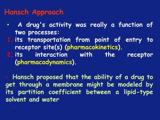 *
• A drug's activity was really a function of
two processes:
1. its transportation from point of entry to
receptor site(s) (pharmacokinetics).
2. its interaction with the receptor
(pharmacodynamics).
– Hansch proposed that the ability of a drug to
get through a membrane might be modeled by
its partition coefficient between a lipid-type
solvent and water
Hansch Approach
 