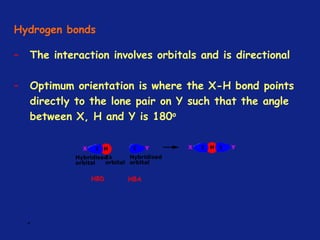 *
Hydrogen bonds
HBAHBD
– The interaction involves orbitals and is directional
– Optimum orientation is where the X-H bond points
directly to the lone pair on Y such that the angle
between X, H and Y is 180o
 