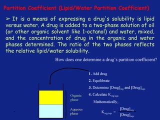 *
➢ It is a means of expressing a drug's solubility is lipid
versus water. A drug is added to a two-phase solution of oil
(or other organic solvent like 1-octanol) and water, mixed,
and the concentration of drug in the organic and water
phases determined. The ratio of the two phases reflects
the relative lipid/water solubility.
Partition Coefficient (Lipid/Water Partition Coefficient)
 