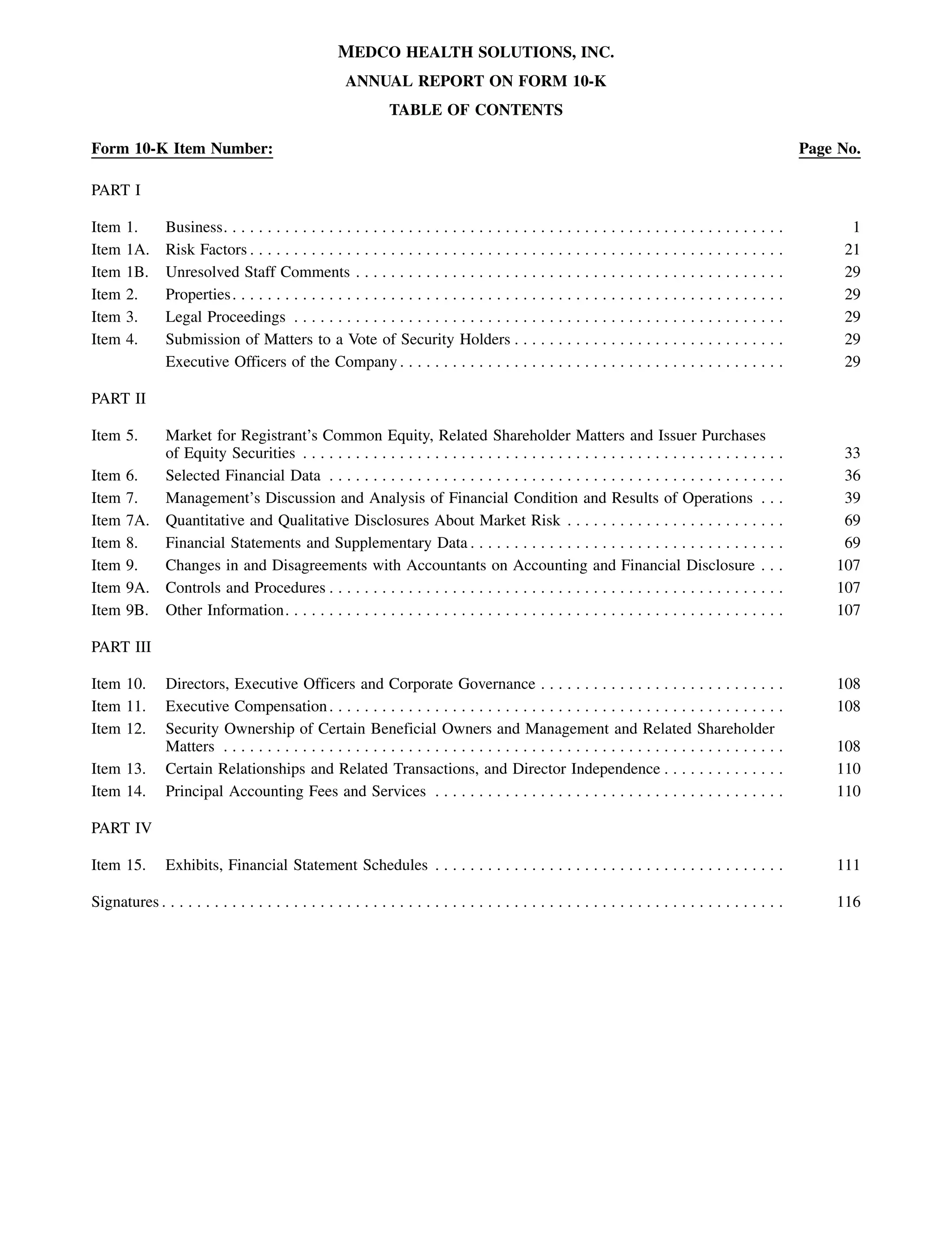 MEDCO HEALTH SOLUTIONS, INC.
                                                       ANNUAL REPORT ON FORM 10-K
                                                                 TABLE OF CONTENTS

Form 10-K Item Number:                                                                                                                                       Page No.

PART I

Item   1.       Business. . . . . . . . . . . . . . . . . . . . . . . . . . . . . . . . . . . . . . . . . . . . . . . . . . . . . . . . . . . . . . .    .         1
Item   1A.      Risk Factors . . . . . . . . . . . . . . . . . . . . . . . . . . . . . . . . . . . . . . . . . . . . . . . . . . . . . . . . . . . .     .        21
Item   1B.      Unresolved Staff Comments . . . . . . . . . . . . . . . . . . . . . . . . . . . . . . . . . . . . . . . . . . . . . . . .                .        29
Item   2.       Properties . . . . . . . . . . . . . . . . . . . . . . . . . . . . . . . . . . . . . . . . . . . . . . . . . . . . . . . . . . . . . .   .        29
Item   3.       Legal Proceedings . . . . . . . . . . . . . . . . . . . . . . . . . . . . . . . . . . . . . . . . . . . . . . . . . . . . . . .          .        29
Item   4.       Submission of Matters to a Vote of Security Holders . . . . . . . . . . . . . . . . . . . . . . . . . . . . . .                          .        29
                Executive Officers of the Company . . . . . . . . . . . . . . . . . . . . . . . . . . . . . . . . . . . . . . . . . . .                  .        29

PART II

Item 5.  Market for Registrant’s Common Equity, Related Shareholder Matters and Issuer Purchases
         of Equity Securities . . . . . . . . . . . . . . . . . . . . . . . . . . . . . . . . . . . . . . . . . . . . . . . . . . . . . . .                       33
Item 6.  Selected Financial Data . . . . . . . . . . . . . . . . . . . . . . . . . . . . . . . . . . . . . . . . . . . . . . . . . . . .                          36
Item 7.  Management’s Discussion and Analysis of Financial Condition and Results of Operations . . .                                                              39
Item 7A. Quantitative and Qualitative Disclosures About Market Risk . . . . . . . . . . . . . . . . . . . . . . . . .                                             69
Item 8.  Financial Statements and Supplementary Data . . . . . . . . . . . . . . . . . . . . . . . . . . . . . . . . . . . .                                      69
Item 9.  Changes in and Disagreements with Accountants on Accounting and Financial Disclosure . . .                                                              107
Item 9A. Controls and Procedures . . . . . . . . . . . . . . . . . . . . . . . . . . . . . . . . . . . . . . . . . . . . . . . . . . . .                         107
Item 9B. Other Information. . . . . . . . . . . . . . . . . . . . . . . . . . . . . . . . . . . . . . . . . . . . . . . . . . . . . . . . .                      107

PART III

Item 10.        Directors, Executive Officers and Corporate Governance . . . . . . . . . . . . . . . . . . . . . . . . . . . .                                   108
Item 11.        Executive Compensation . . . . . . . . . . . . . . . . . . . . . . . . . . . . . . . . . . . . . . . . . . . . . . . . . . . .                   108
Item 12.        Security Ownership of Certain Beneficial Owners and Management and Related Shareholder
                Matters . . . . . . . . . . . . . . . . . . . . . . . . . . . . . . . . . . . . . . . . . . . . . . . . . . . . . . . . . . . . . . . .          108
Item 13.        Certain Relationships and Related Transactions, and Director Independence . . . . . . . . . . . . . .                                            110
Item 14.        Principal Accounting Fees and Services . . . . . . . . . . . . . . . . . . . . . . . . . . . . . . . . . . . . . . . .                           110

PART IV

Item 15.        Exhibits, Financial Statement Schedules . . . . . . . . . . . . . . . . . . . . . . . . . . . . . . . . . . . . . . . .                          111

Signatures . . . . . . . . . . . . . . . . . . . . . . . . . . . . . . . . . . . . . . . . . . . . . . . . . . . . . . . . . . . . . . . . . . . . . . .         116
 