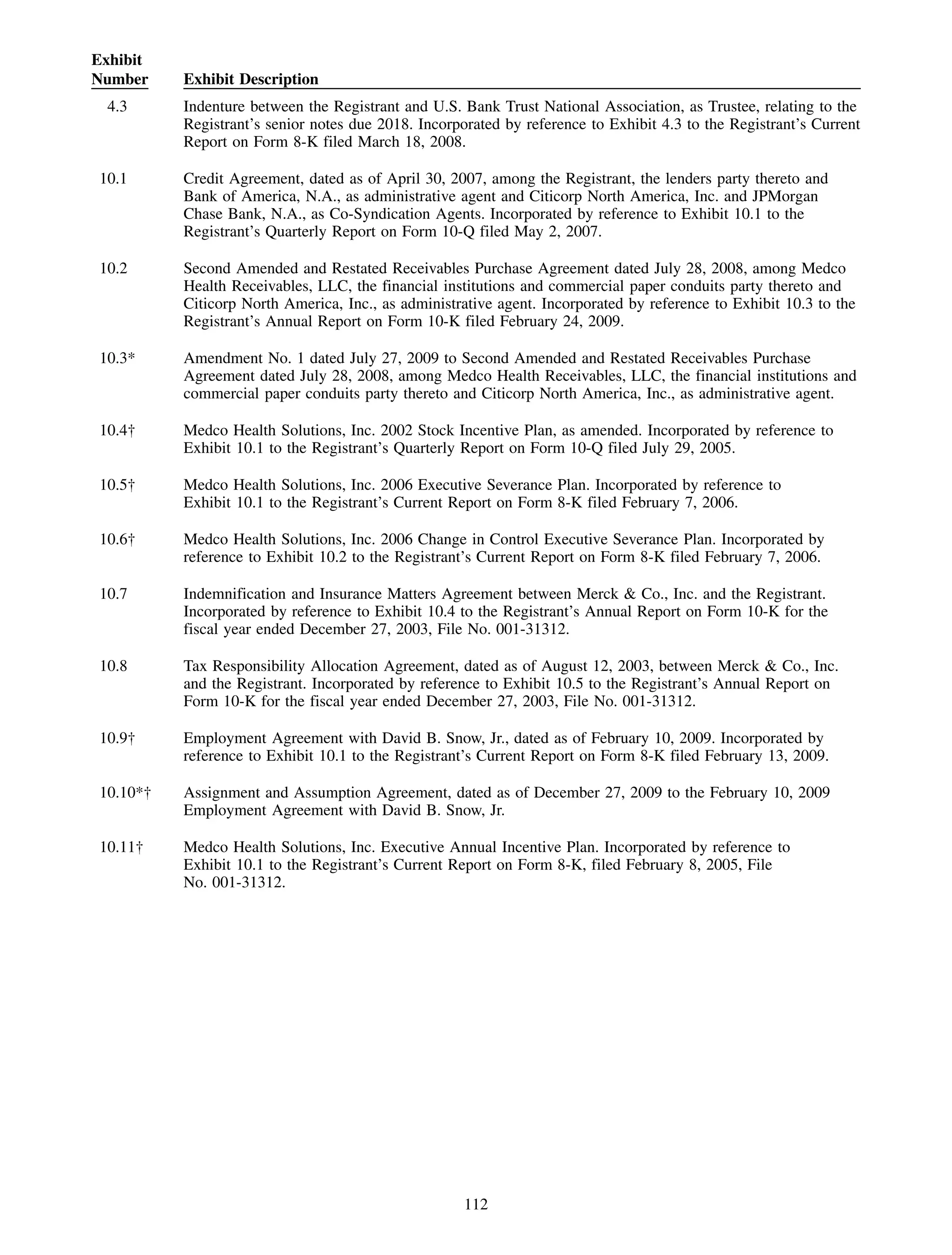 Exhibit
Number    Exhibit Description
 4.3      Indenture between the Registrant and U.S. Bank Trust National Association, as Trustee, relating to the
          Registrant’s senior notes due 2018. Incorporated by reference to Exhibit 4.3 to the Registrant’s Current
          Report on Form 8-K filed March 18, 2008.

10.1      Credit Agreement, dated as of April 30, 2007, among the Registrant, the lenders party thereto and
          Bank of America, N.A., as administrative agent and Citicorp North America, Inc. and JPMorgan
          Chase Bank, N.A., as Co-Syndication Agents. Incorporated by reference to Exhibit 10.1 to the
          Registrant’s Quarterly Report on Form 10-Q filed May 2, 2007.

10.2      Second Amended and Restated Receivables Purchase Agreement dated July 28, 2008, among Medco
          Health Receivables, LLC, the financial institutions and commercial paper conduits party thereto and
          Citicorp North America, Inc., as administrative agent. Incorporated by reference to Exhibit 10.3 to the
          Registrant’s Annual Report on Form 10-K filed February 24, 2009.

10.3*     Amendment No. 1 dated July 27, 2009 to Second Amended and Restated Receivables Purchase
          Agreement dated July 28, 2008, among Medco Health Receivables, LLC, the financial institutions and
          commercial paper conduits party thereto and Citicorp North America, Inc., as administrative agent.

10.4†     Medco Health Solutions, Inc. 2002 Stock Incentive Plan, as amended. Incorporated by reference to
          Exhibit 10.1 to the Registrant’s Quarterly Report on Form 10-Q filed July 29, 2005.

10.5†     Medco Health Solutions, Inc. 2006 Executive Severance Plan. Incorporated by reference to
          Exhibit 10.1 to the Registrant’s Current Report on Form 8-K filed February 7, 2006.

10.6†     Medco Health Solutions, Inc. 2006 Change in Control Executive Severance Plan. Incorporated by
          reference to Exhibit 10.2 to the Registrant’s Current Report on Form 8-K filed February 7, 2006.

10.7      Indemnification and Insurance Matters Agreement between Merck & Co., Inc. and the Registrant.
          Incorporated by reference to Exhibit 10.4 to the Registrant’s Annual Report on Form 10-K for the
          fiscal year ended December 27, 2003, File No. 001-31312.

10.8      Tax Responsibility Allocation Agreement, dated as of August 12, 2003, between Merck & Co., Inc.
          and the Registrant. Incorporated by reference to Exhibit 10.5 to the Registrant’s Annual Report on
          Form 10-K for the fiscal year ended December 27, 2003, File No. 001-31312.

10.9†     Employment Agreement with David B. Snow, Jr., dated as of February 10, 2009. Incorporated by
          reference to Exhibit 10.1 to the Registrant’s Current Report on Form 8-K filed February 13, 2009.

10.10*†   Assignment and Assumption Agreement, dated as of December 27, 2009 to the February 10, 2009
          Employment Agreement with David B. Snow, Jr.

10.11†    Medco Health Solutions, Inc. Executive Annual Incentive Plan. Incorporated by reference to
          Exhibit 10.1 to the Registrant’s Current Report on Form 8-K, filed February 8, 2005, File
          No. 001-31312.




                                                     112
 