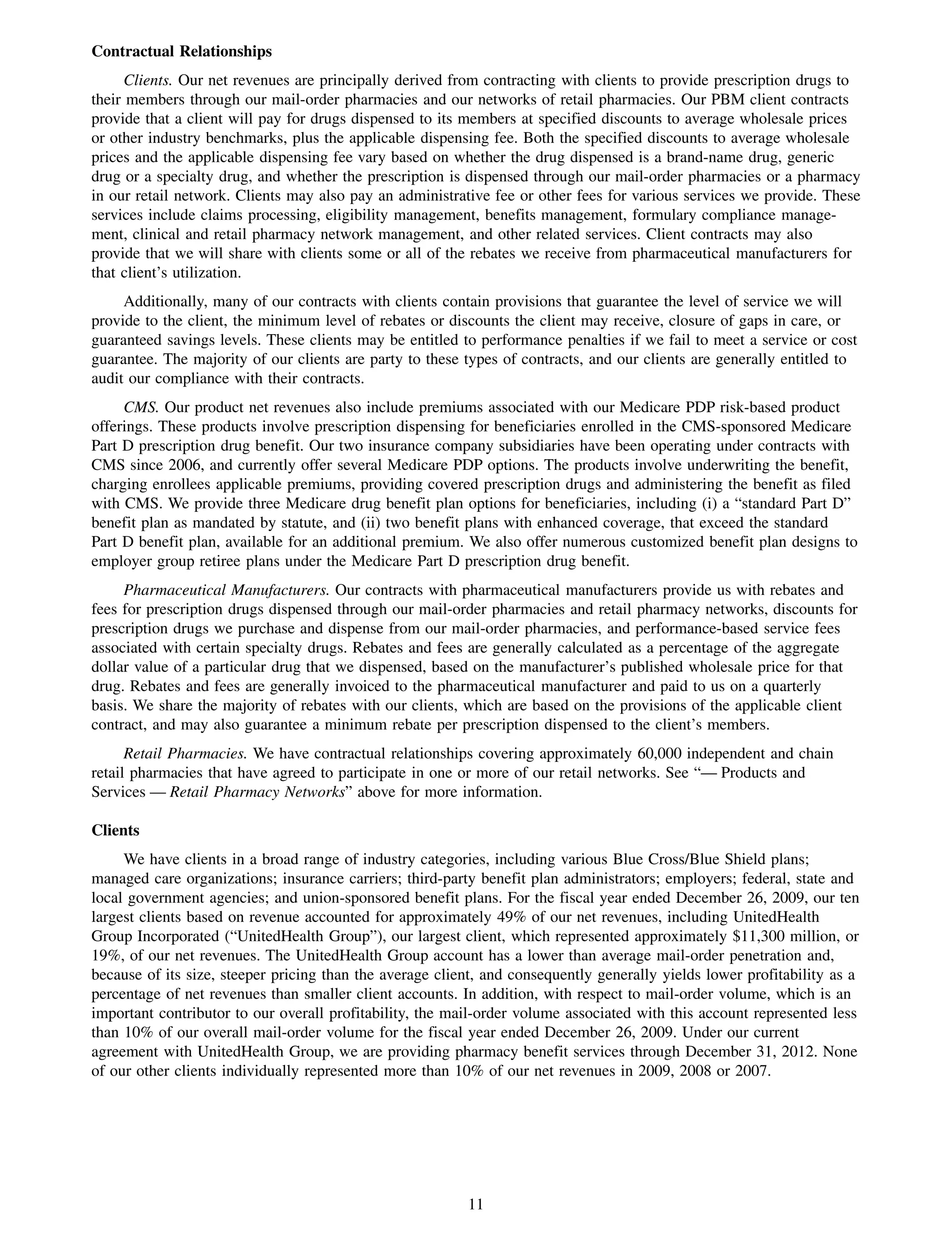 Contractual Relationships
      Clients. Our net revenues are principally derived from contracting with clients to provide prescription drugs to
their members through our mail-order pharmacies and our networks of retail pharmacies. Our PBM client contracts
provide that a client will pay for drugs dispensed to its members at specified discounts to average wholesale prices
or other industry benchmarks, plus the applicable dispensing fee. Both the specified discounts to average wholesale
prices and the applicable dispensing fee vary based on whether the drug dispensed is a brand-name drug, generic
drug or a specialty drug, and whether the prescription is dispensed through our mail-order pharmacies or a pharmacy
in our retail network. Clients may also pay an administrative fee or other fees for various services we provide. These
services include claims processing, eligibility management, benefits management, formulary compliance manage-
ment, clinical and retail pharmacy network management, and other related services. Client contracts may also
provide that we will share with clients some or all of the rebates we receive from pharmaceutical manufacturers for
that client’s utilization.
     Additionally, many of our contracts with clients contain provisions that guarantee the level of service we will
provide to the client, the minimum level of rebates or discounts the client may receive, closure of gaps in care, or
guaranteed savings levels. These clients may be entitled to performance penalties if we fail to meet a service or cost
guarantee. The majority of our clients are party to these types of contracts, and our clients are generally entitled to
audit our compliance with their contracts.
     CMS. Our product net revenues also include premiums associated with our Medicare PDP risk-based product
offerings. These products involve prescription dispensing for beneficiaries enrolled in the CMS-sponsored Medicare
Part D prescription drug benefit. Our two insurance company subsidiaries have been operating under contracts with
CMS since 2006, and currently offer several Medicare PDP options. The products involve underwriting the benefit,
charging enrollees applicable premiums, providing covered prescription drugs and administering the benefit as filed
with CMS. We provide three Medicare drug benefit plan options for beneficiaries, including (i) a “standard Part D”
benefit plan as mandated by statute, and (ii) two benefit plans with enhanced coverage, that exceed the standard
Part D benefit plan, available for an additional premium. We also offer numerous customized benefit plan designs to
employer group retiree plans under the Medicare Part D prescription drug benefit.
     Pharmaceutical Manufacturers. Our contracts with pharmaceutical manufacturers provide us with rebates and
fees for prescription drugs dispensed through our mail-order pharmacies and retail pharmacy networks, discounts for
prescription drugs we purchase and dispense from our mail-order pharmacies, and performance-based service fees
associated with certain specialty drugs. Rebates and fees are generally calculated as a percentage of the aggregate
dollar value of a particular drug that we dispensed, based on the manufacturer’s published wholesale price for that
drug. Rebates and fees are generally invoiced to the pharmaceutical manufacturer and paid to us on a quarterly
basis. We share the majority of rebates with our clients, which are based on the provisions of the applicable client
contract, and may also guarantee a minimum rebate per prescription dispensed to the client’s members.
      Retail Pharmacies. We have contractual relationships covering approximately 60,000 independent and chain
retail pharmacies that have agreed to participate in one or more of our retail networks. See “— Products and
Services — Retail Pharmacy Networks” above for more information.

Clients
     We have clients in a broad range of industry categories, including various Blue Cross/Blue Shield plans;
managed care organizations; insurance carriers; third-party benefit plan administrators; employers; federal, state and
local government agencies; and union-sponsored benefit plans. For the fiscal year ended December 26, 2009, our ten
largest clients based on revenue accounted for approximately 49% of our net revenues, including UnitedHealth
Group Incorporated (“UnitedHealth Group”), our largest client, which represented approximately $11,300 million, or
19%, of our net revenues. The UnitedHealth Group account has a lower than average mail-order penetration and,
because of its size, steeper pricing than the average client, and consequently generally yields lower profitability as a
percentage of net revenues than smaller client accounts. In addition, with respect to mail-order volume, which is an
important contributor to our overall profitability, the mail-order volume associated with this account represented less
than 10% of our overall mail-order volume for the fiscal year ended December 26, 2009. Under our current
agreement with UnitedHealth Group, we are providing pharmacy benefit services through December 31, 2012. None
of our other clients individually represented more than 10% of our net revenues in 2009, 2008 or 2007.




                                                          11
 