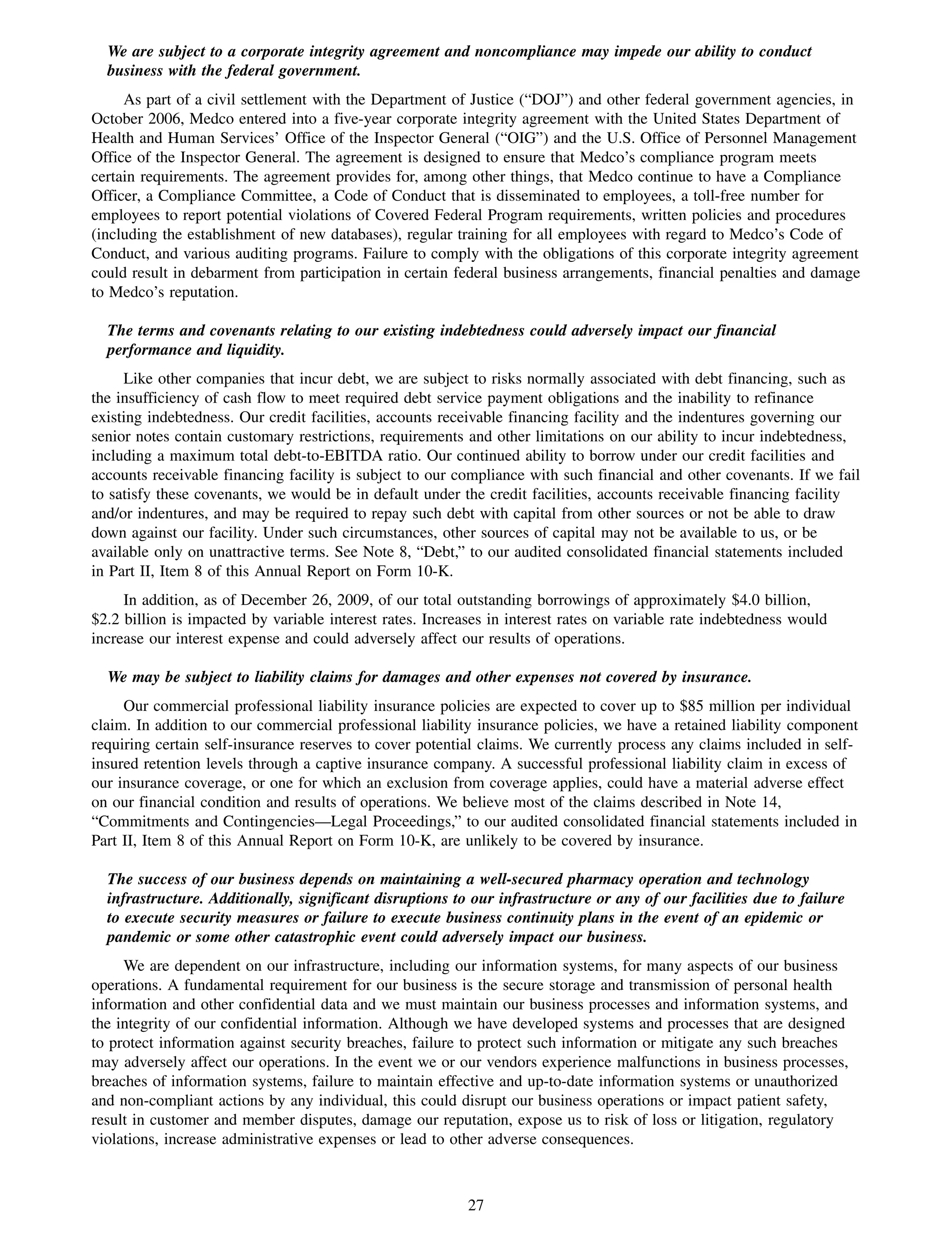 We are subject to a corporate integrity agreement and noncompliance may impede our ability to conduct
  business with the federal government.
     As part of a civil settlement with the Department of Justice (“DOJ”) and other federal government agencies, in
October 2006, Medco entered into a five-year corporate integrity agreement with the United States Department of
Health and Human Services’ Office of the Inspector General (“OIG”) and the U.S. Office of Personnel Management
Office of the Inspector General. The agreement is designed to ensure that Medco’s compliance program meets
certain requirements. The agreement provides for, among other things, that Medco continue to have a Compliance
Officer, a Compliance Committee, a Code of Conduct that is disseminated to employees, a toll-free number for
employees to report potential violations of Covered Federal Program requirements, written policies and procedures
(including the establishment of new databases), regular training for all employees with regard to Medco’s Code of
Conduct, and various auditing programs. Failure to comply with the obligations of this corporate integrity agreement
could result in debarment from participation in certain federal business arrangements, financial penalties and damage
to Medco’s reputation.

  The terms and covenants relating to our existing indebtedness could adversely impact our financial
  performance and liquidity.
     Like other companies that incur debt, we are subject to risks normally associated with debt financing, such as
the insufficiency of cash flow to meet required debt service payment obligations and the inability to refinance
existing indebtedness. Our credit facilities, accounts receivable financing facility and the indentures governing our
senior notes contain customary restrictions, requirements and other limitations on our ability to incur indebtedness,
including a maximum total debt-to-EBITDA ratio. Our continued ability to borrow under our credit facilities and
accounts receivable financing facility is subject to our compliance with such financial and other covenants. If we fail
to satisfy these covenants, we would be in default under the credit facilities, accounts receivable financing facility
and/or indentures, and may be required to repay such debt with capital from other sources or not be able to draw
down against our facility. Under such circumstances, other sources of capital may not be available to us, or be
available only on unattractive terms. See Note 8, “Debt,” to our audited consolidated financial statements included
in Part II, Item 8 of this Annual Report on Form 10-K.
     In addition, as of December 26, 2009, of our total outstanding borrowings of approximately $4.0 billion,
$2.2 billion is impacted by variable interest rates. Increases in interest rates on variable rate indebtedness would
increase our interest expense and could adversely affect our results of operations.

  We may be subject to liability claims for damages and other expenses not covered by insurance.
     Our commercial professional liability insurance policies are expected to cover up to $85 million per individual
claim. In addition to our commercial professional liability insurance policies, we have a retained liability component
requiring certain self-insurance reserves to cover potential claims. We currently process any claims included in self-
insured retention levels through a captive insurance company. A successful professional liability claim in excess of
our insurance coverage, or one for which an exclusion from coverage applies, could have a material adverse effect
on our financial condition and results of operations. We believe most of the claims described in Note 14,
“Commitments and Contingencies—Legal Proceedings,” to our audited consolidated financial statements included in
Part II, Item 8 of this Annual Report on Form 10-K, are unlikely to be covered by insurance.

  The success of our business depends on maintaining a well-secured pharmacy operation and technology
  infrastructure. Additionally, significant disruptions to our infrastructure or any of our facilities due to failure
  to execute security measures or failure to execute business continuity plans in the event of an epidemic or
  pandemic or some other catastrophic event could adversely impact our business.
     We are dependent on our infrastructure, including our information systems, for many aspects of our business
operations. A fundamental requirement for our business is the secure storage and transmission of personal health
information and other confidential data and we must maintain our business processes and information systems, and
the integrity of our confidential information. Although we have developed systems and processes that are designed
to protect information against security breaches, failure to protect such information or mitigate any such breaches
may adversely affect our operations. In the event we or our vendors experience malfunctions in business processes,
breaches of information systems, failure to maintain effective and up-to-date information systems or unauthorized
and non-compliant actions by any individual, this could disrupt our business operations or impact patient safety,
result in customer and member disputes, damage our reputation, expose us to risk of loss or litigation, regulatory
violations, increase administrative expenses or lead to other adverse consequences.



                                                           27
 