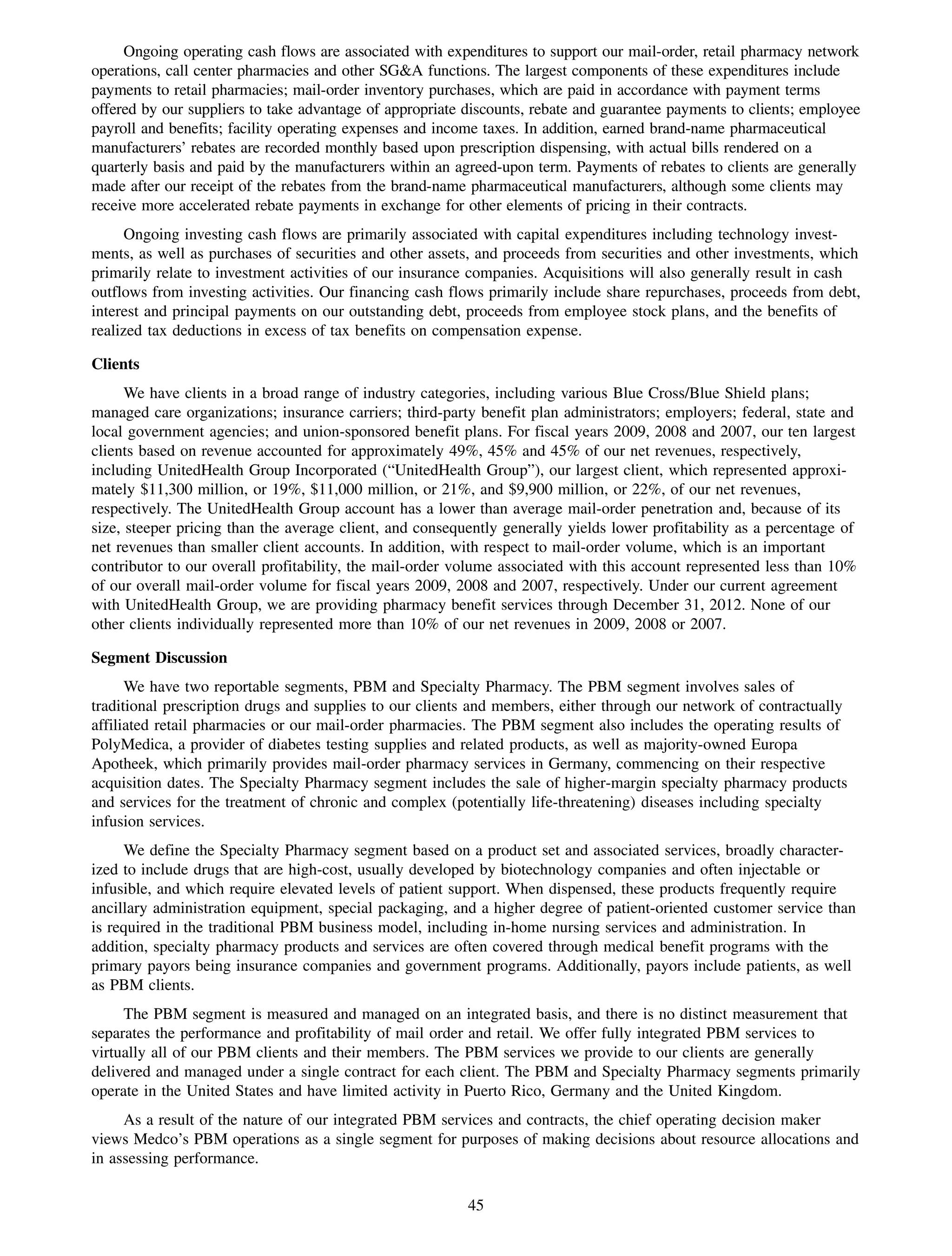 Ongoing operating cash flows are associated with expenditures to support our mail-order, retail pharmacy network
operations, call center pharmacies and other SG&A functions. The largest components of these expenditures include
payments to retail pharmacies; mail-order inventory purchases, which are paid in accordance with payment terms
offered by our suppliers to take advantage of appropriate discounts, rebate and guarantee payments to clients; employee
payroll and benefits; facility operating expenses and income taxes. In addition, earned brand-name pharmaceutical
manufacturers’ rebates are recorded monthly based upon prescription dispensing, with actual bills rendered on a
quarterly basis and paid by the manufacturers within an agreed-upon term. Payments of rebates to clients are generally
made after our receipt of the rebates from the brand-name pharmaceutical manufacturers, although some clients may
receive more accelerated rebate payments in exchange for other elements of pricing in their contracts.
      Ongoing investing cash flows are primarily associated with capital expenditures including technology invest-
ments, as well as purchases of securities and other assets, and proceeds from securities and other investments, which
primarily relate to investment activities of our insurance companies. Acquisitions will also generally result in cash
outflows from investing activities. Our financing cash flows primarily include share repurchases, proceeds from debt,
interest and principal payments on our outstanding debt, proceeds from employee stock plans, and the benefits of
realized tax deductions in excess of tax benefits on compensation expense.

Clients
      We have clients in a broad range of industry categories, including various Blue Cross/Blue Shield plans;
managed care organizations; insurance carriers; third-party benefit plan administrators; employers; federal, state and
local government agencies; and union-sponsored benefit plans. For fiscal years 2009, 2008 and 2007, our ten largest
clients based on revenue accounted for approximately 49%, 45% and 45% of our net revenues, respectively,
including UnitedHealth Group Incorporated (“UnitedHealth Group”), our largest client, which represented approxi-
mately $11,300 million, or 19%, $11,000 million, or 21%, and $9,900 million, or 22%, of our net revenues,
respectively. The UnitedHealth Group account has a lower than average mail-order penetration and, because of its
size, steeper pricing than the average client, and consequently generally yields lower profitability as a percentage of
net revenues than smaller client accounts. In addition, with respect to mail-order volume, which is an important
contributor to our overall profitability, the mail-order volume associated with this account represented less than 10%
of our overall mail-order volume for fiscal years 2009, 2008 and 2007, respectively. Under our current agreement
with UnitedHealth Group, we are providing pharmacy benefit services through December 31, 2012. None of our
other clients individually represented more than 10% of our net revenues in 2009, 2008 or 2007.

Segment Discussion
      We have two reportable segments, PBM and Specialty Pharmacy. The PBM segment involves sales of
traditional prescription drugs and supplies to our clients and members, either through our network of contractually
affiliated retail pharmacies or our mail-order pharmacies. The PBM segment also includes the operating results of
PolyMedica, a provider of diabetes testing supplies and related products, as well as majority-owned Europa
Apotheek, which primarily provides mail-order pharmacy services in Germany, commencing on their respective
acquisition dates. The Specialty Pharmacy segment includes the sale of higher-margin specialty pharmacy products
and services for the treatment of chronic and complex (potentially life-threatening) diseases including specialty
infusion services.
     We define the Specialty Pharmacy segment based on a product set and associated services, broadly character-
ized to include drugs that are high-cost, usually developed by biotechnology companies and often injectable or
infusible, and which require elevated levels of patient support. When dispensed, these products frequently require
ancillary administration equipment, special packaging, and a higher degree of patient-oriented customer service than
is required in the traditional PBM business model, including in-home nursing services and administration. In
addition, specialty pharmacy products and services are often covered through medical benefit programs with the
primary payors being insurance companies and government programs. Additionally, payors include patients, as well
as PBM clients.
     The PBM segment is measured and managed on an integrated basis, and there is no distinct measurement that
separates the performance and profitability of mail order and retail. We offer fully integrated PBM services to
virtually all of our PBM clients and their members. The PBM services we provide to our clients are generally
delivered and managed under a single contract for each client. The PBM and Specialty Pharmacy segments primarily
operate in the United States and have limited activity in Puerto Rico, Germany and the United Kingdom.
     As a result of the nature of our integrated PBM services and contracts, the chief operating decision maker
views Medco’s PBM operations as a single segment for purposes of making decisions about resource allocations and
in assessing performance.

                                                          45
 