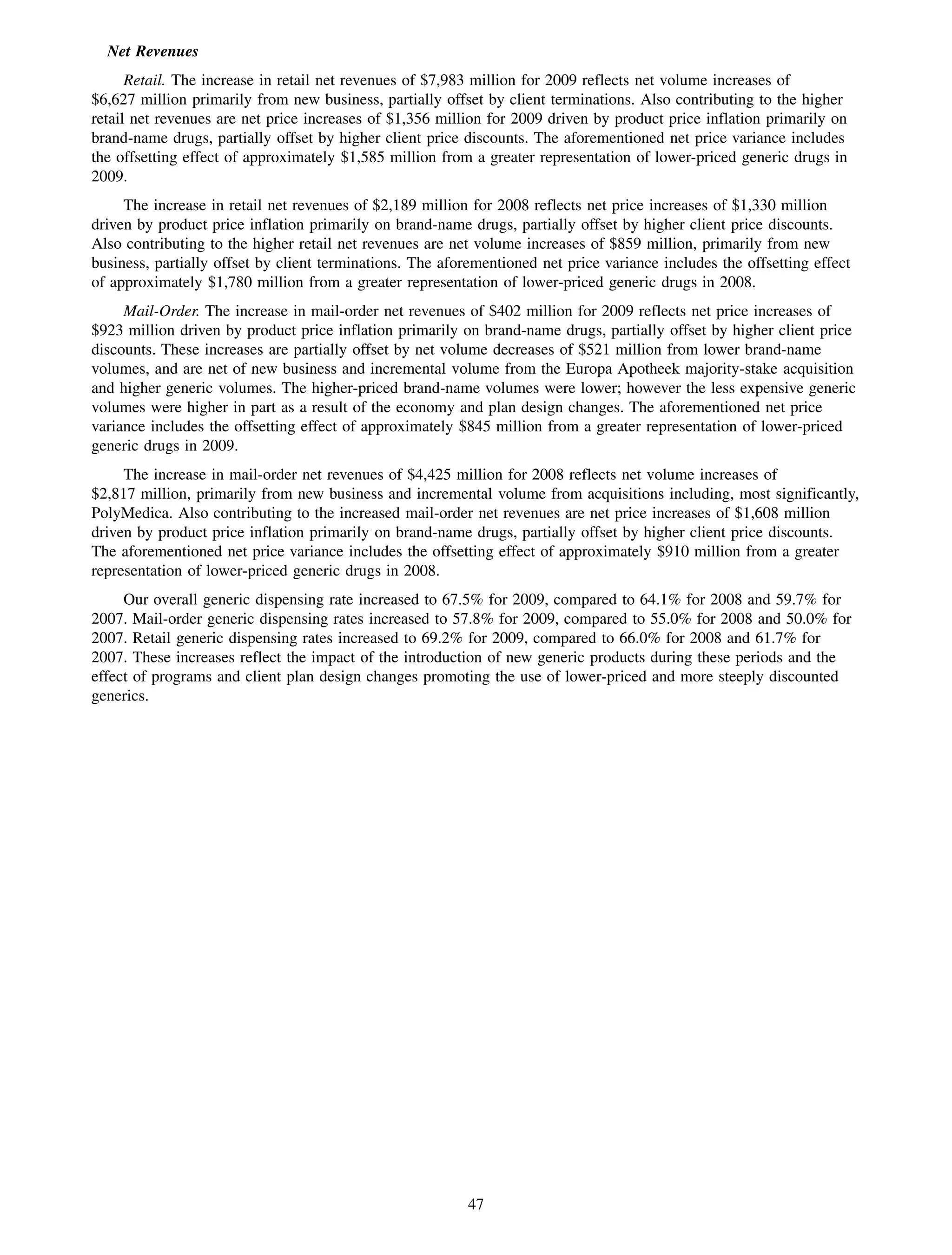 Net Revenues
      Retail. The increase in retail net revenues of $7,983 million for 2009 reflects net volume increases of
$6,627 million primarily from new business, partially offset by client terminations. Also contributing to the higher
retail net revenues are net price increases of $1,356 million for 2009 driven by product price inflation primarily on
brand-name drugs, partially offset by higher client price discounts. The aforementioned net price variance includes
the offsetting effect of approximately $1,585 million from a greater representation of lower-priced generic drugs in
2009.
     The increase in retail net revenues of $2,189 million for 2008 reflects net price increases of $1,330 million
driven by product price inflation primarily on brand-name drugs, partially offset by higher client price discounts.
Also contributing to the higher retail net revenues are net volume increases of $859 million, primarily from new
business, partially offset by client terminations. The aforementioned net price variance includes the offsetting effect
of approximately $1,780 million from a greater representation of lower-priced generic drugs in 2008.
     Mail-Order. The increase in mail-order net revenues of $402 million for 2009 reflects net price increases of
$923 million driven by product price inflation primarily on brand-name drugs, partially offset by higher client price
discounts. These increases are partially offset by net volume decreases of $521 million from lower brand-name
volumes, and are net of new business and incremental volume from the Europa Apotheek majority-stake acquisition
and higher generic volumes. The higher-priced brand-name volumes were lower; however the less expensive generic
volumes were higher in part as a result of the economy and plan design changes. The aforementioned net price
variance includes the offsetting effect of approximately $845 million from a greater representation of lower-priced
generic drugs in 2009.
     The increase in mail-order net revenues of $4,425 million for 2008 reflects net volume increases of
$2,817 million, primarily from new business and incremental volume from acquisitions including, most significantly,
PolyMedica. Also contributing to the increased mail-order net revenues are net price increases of $1,608 million
driven by product price inflation primarily on brand-name drugs, partially offset by higher client price discounts.
The aforementioned net price variance includes the offsetting effect of approximately $910 million from a greater
representation of lower-priced generic drugs in 2008.
     Our overall generic dispensing rate increased to 67.5% for 2009, compared to 64.1% for 2008 and 59.7% for
2007. Mail-order generic dispensing rates increased to 57.8% for 2009, compared to 55.0% for 2008 and 50.0% for
2007. Retail generic dispensing rates increased to 69.2% for 2009, compared to 66.0% for 2008 and 61.7% for
2007. These increases reflect the impact of the introduction of new generic products during these periods and the
effect of programs and client plan design changes promoting the use of lower-priced and more steeply discounted
generics.




                                                           47
 