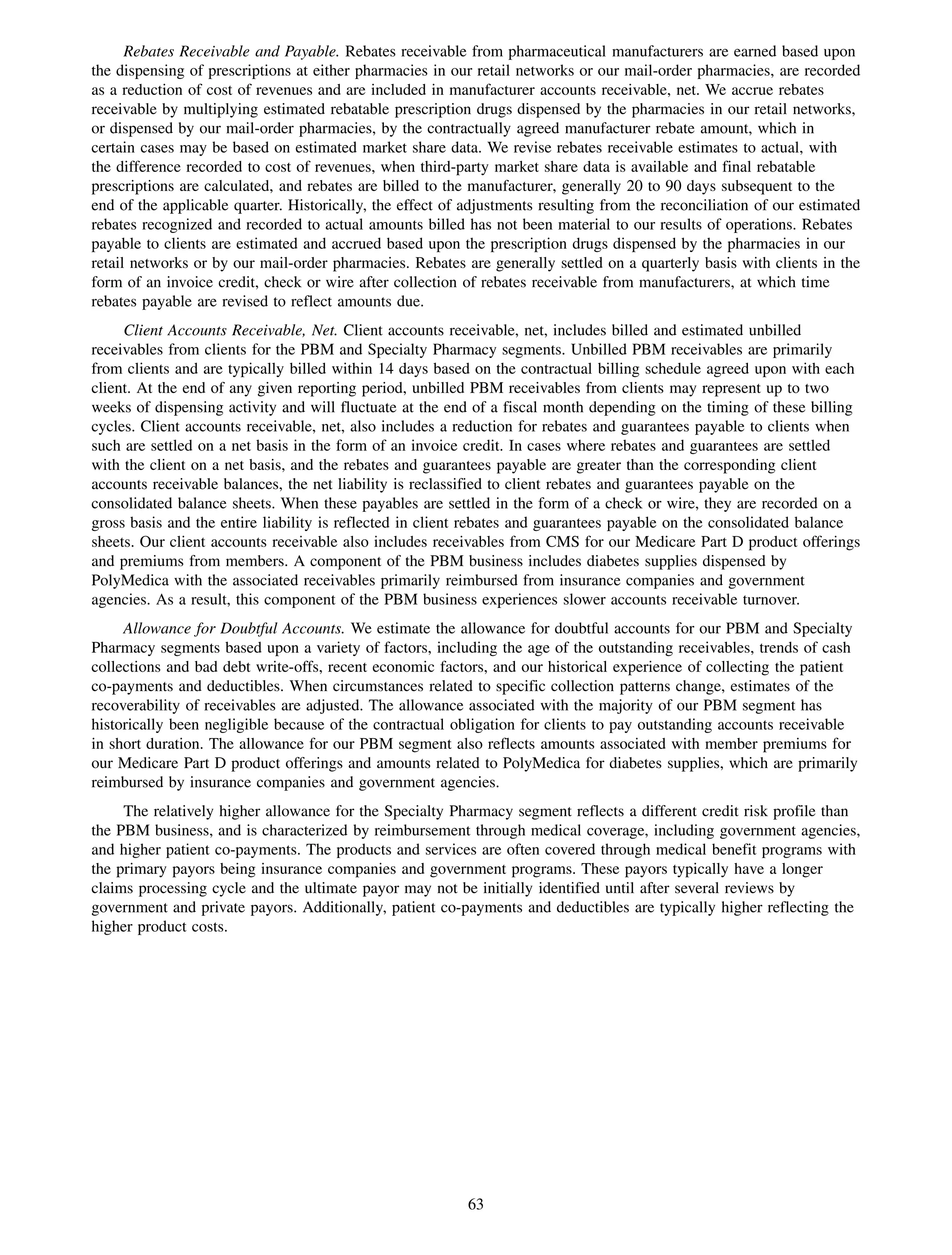 Rebates Receivable and Payable. Rebates receivable from pharmaceutical manufacturers are earned based upon
the dispensing of prescriptions at either pharmacies in our retail networks or our mail-order pharmacies, are recorded
as a reduction of cost of revenues and are included in manufacturer accounts receivable, net. We accrue rebates
receivable by multiplying estimated rebatable prescription drugs dispensed by the pharmacies in our retail networks,
or dispensed by our mail-order pharmacies, by the contractually agreed manufacturer rebate amount, which in
certain cases may be based on estimated market share data. We revise rebates receivable estimates to actual, with
the difference recorded to cost of revenues, when third-party market share data is available and final rebatable
prescriptions are calculated, and rebates are billed to the manufacturer, generally 20 to 90 days subsequent to the
end of the applicable quarter. Historically, the effect of adjustments resulting from the reconciliation of our estimated
rebates recognized and recorded to actual amounts billed has not been material to our results of operations. Rebates
payable to clients are estimated and accrued based upon the prescription drugs dispensed by the pharmacies in our
retail networks or by our mail-order pharmacies. Rebates are generally settled on a quarterly basis with clients in the
form of an invoice credit, check or wire after collection of rebates receivable from manufacturers, at which time
rebates payable are revised to reflect amounts due.
     Client Accounts Receivable, Net. Client accounts receivable, net, includes billed and estimated unbilled
receivables from clients for the PBM and Specialty Pharmacy segments. Unbilled PBM receivables are primarily
from clients and are typically billed within 14 days based on the contractual billing schedule agreed upon with each
client. At the end of any given reporting period, unbilled PBM receivables from clients may represent up to two
weeks of dispensing activity and will fluctuate at the end of a fiscal month depending on the timing of these billing
cycles. Client accounts receivable, net, also includes a reduction for rebates and guarantees payable to clients when
such are settled on a net basis in the form of an invoice credit. In cases where rebates and guarantees are settled
with the client on a net basis, and the rebates and guarantees payable are greater than the corresponding client
accounts receivable balances, the net liability is reclassified to client rebates and guarantees payable on the
consolidated balance sheets. When these payables are settled in the form of a check or wire, they are recorded on a
gross basis and the entire liability is reflected in client rebates and guarantees payable on the consolidated balance
sheets. Our client accounts receivable also includes receivables from CMS for our Medicare Part D product offerings
and premiums from members. A component of the PBM business includes diabetes supplies dispensed by
PolyMedica with the associated receivables primarily reimbursed from insurance companies and government
agencies. As a result, this component of the PBM business experiences slower accounts receivable turnover.
     Allowance for Doubtful Accounts. We estimate the allowance for doubtful accounts for our PBM and Specialty
Pharmacy segments based upon a variety of factors, including the age of the outstanding receivables, trends of cash
collections and bad debt write-offs, recent economic factors, and our historical experience of collecting the patient
co-payments and deductibles. When circumstances related to specific collection patterns change, estimates of the
recoverability of receivables are adjusted. The allowance associated with the majority of our PBM segment has
historically been negligible because of the contractual obligation for clients to pay outstanding accounts receivable
in short duration. The allowance for our PBM segment also reflects amounts associated with member premiums for
our Medicare Part D product offerings and amounts related to PolyMedica for diabetes supplies, which are primarily
reimbursed by insurance companies and government agencies.
     The relatively higher allowance for the Specialty Pharmacy segment reflects a different credit risk profile than
the PBM business, and is characterized by reimbursement through medical coverage, including government agencies,
and higher patient co-payments. The products and services are often covered through medical benefit programs with
the primary payors being insurance companies and government programs. These payors typically have a longer
claims processing cycle and the ultimate payor may not be initially identified until after several reviews by
government and private payors. Additionally, patient co-payments and deductibles are typically higher reflecting the
higher product costs.




                                                           63
 