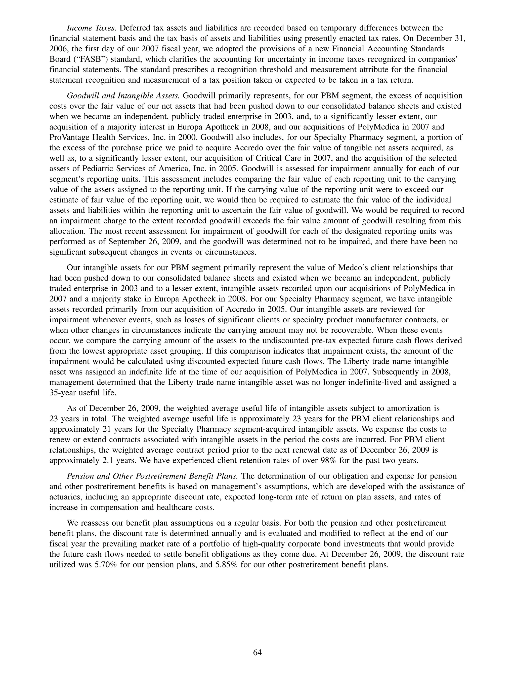 Income Taxes. Deferred tax assets and liabilities are recorded based on temporary differences between the
financial statement basis and the tax basis of assets and liabilities using presently enacted tax rates. On December 31,
2006, the first day of our 2007 fiscal year, we adopted the provisions of a new Financial Accounting Standards
Board (“FASB”) standard, which clarifies the accounting for uncertainty in income taxes recognized in companies’
financial statements. The standard prescribes a recognition threshold and measurement attribute for the financial
statement recognition and measurement of a tax position taken or expected to be taken in a tax return.
     Goodwill and Intangible Assets. Goodwill primarily represents, for our PBM segment, the excess of acquisition
costs over the fair value of our net assets that had been pushed down to our consolidated balance sheets and existed
when we became an independent, publicly traded enterprise in 2003, and, to a significantly lesser extent, our
acquisition of a majority interest in Europa Apotheek in 2008, and our acquisitions of PolyMedica in 2007 and
ProVantage Health Services, Inc. in 2000. Goodwill also includes, for our Specialty Pharmacy segment, a portion of
the excess of the purchase price we paid to acquire Accredo over the fair value of tangible net assets acquired, as
well as, to a significantly lesser extent, our acquisition of Critical Care in 2007, and the acquisition of the selected
assets of Pediatric Services of America, Inc. in 2005. Goodwill is assessed for impairment annually for each of our
segment’s reporting units. This assessment includes comparing the fair value of each reporting unit to the carrying
value of the assets assigned to the reporting unit. If the carrying value of the reporting unit were to exceed our
estimate of fair value of the reporting unit, we would then be required to estimate the fair value of the individual
assets and liabilities within the reporting unit to ascertain the fair value of goodwill. We would be required to record
an impairment charge to the extent recorded goodwill exceeds the fair value amount of goodwill resulting from this
allocation. The most recent assessment for impairment of goodwill for each of the designated reporting units was
performed as of September 26, 2009, and the goodwill was determined not to be impaired, and there have been no
significant subsequent changes in events or circumstances.
     Our intangible assets for our PBM segment primarily represent the value of Medco’s client relationships that
had been pushed down to our consolidated balance sheets and existed when we became an independent, publicly
traded enterprise in 2003 and to a lesser extent, intangible assets recorded upon our acquisitions of PolyMedica in
2007 and a majority stake in Europa Apotheek in 2008. For our Specialty Pharmacy segment, we have intangible
assets recorded primarily from our acquisition of Accredo in 2005. Our intangible assets are reviewed for
impairment whenever events, such as losses of significant clients or specialty product manufacturer contracts, or
when other changes in circumstances indicate the carrying amount may not be recoverable. When these events
occur, we compare the carrying amount of the assets to the undiscounted pre-tax expected future cash flows derived
from the lowest appropriate asset grouping. If this comparison indicates that impairment exists, the amount of the
impairment would be calculated using discounted expected future cash flows. The Liberty trade name intangible
asset was assigned an indefinite life at the time of our acquisition of PolyMedica in 2007. Subsequently in 2008,
management determined that the Liberty trade name intangible asset was no longer indefinite-lived and assigned a
35-year useful life.
      As of December 26, 2009, the weighted average useful life of intangible assets subject to amortization is
23 years in total. The weighted average useful life is approximately 23 years for the PBM client relationships and
approximately 21 years for the Specialty Pharmacy segment-acquired intangible assets. We expense the costs to
renew or extend contracts associated with intangible assets in the period the costs are incurred. For PBM client
relationships, the weighted average contract period prior to the next renewal date as of December 26, 2009 is
approximately 2.1 years. We have experienced client retention rates of over 98% for the past two years.
     Pension and Other Postretirement Benefit Plans. The determination of our obligation and expense for pension
and other postretirement benefits is based on management’s assumptions, which are developed with the assistance of
actuaries, including an appropriate discount rate, expected long-term rate of return on plan assets, and rates of
increase in compensation and healthcare costs.
      We reassess our benefit plan assumptions on a regular basis. For both the pension and other postretirement
benefit plans, the discount rate is determined annually and is evaluated and modified to reflect at the end of our
fiscal year the prevailing market rate of a portfolio of high-quality corporate bond investments that would provide
the future cash flows needed to settle benefit obligations as they come due. At December 26, 2009, the discount rate
utilized was 5.70% for our pension plans, and 5.85% for our other postretirement benefit plans.




                                                          64
 
