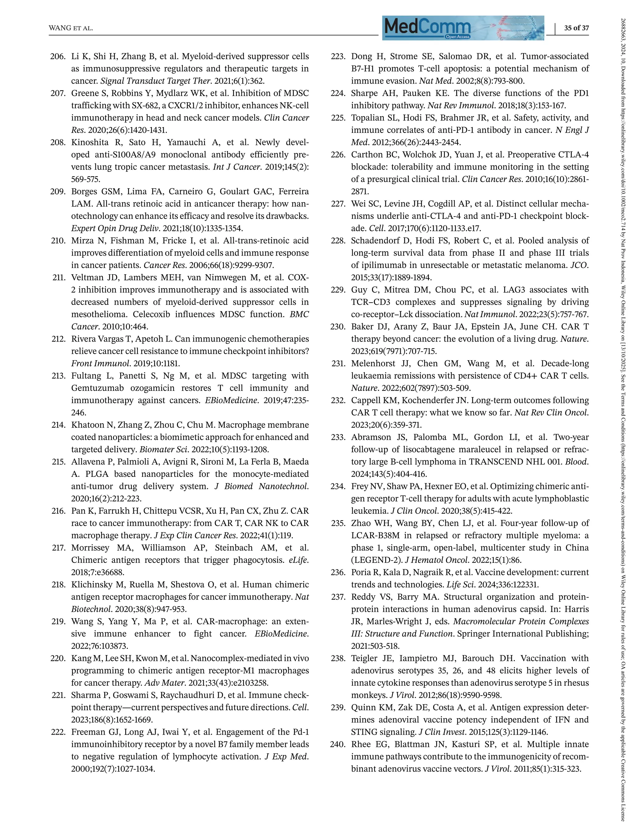 WANG et al. 35 of 37
206. Li K, Shi H, Zhang B, et al. Myeloid-derived suppressor cells
as immunosuppressive regulators and therapeutic targets in
cancer. Signal Transduct Target Ther. 2021;6(1):362.
207. Greene S, Robbins Y, Mydlarz WK, et al. Inhibition of MDSC
trafficking with SX-682, a CXCR1/2 inhibitor, enhances NK-cell
immunotherapy in head and neck cancer models. Clin Cancer
Res. 2020;26(6):1420-1431.
208. Kinoshita R, Sato H, Yamauchi A, et al. Newly devel-
oped anti-S100A8/A9 monoclonal antibody efficiently pre-
vents lung tropic cancer metastasis. Int J Cancer. 2019;145(2):
569-575.
209. Borges GSM, Lima FA, Carneiro G, Goulart GAC, Ferreira
LAM. All-trans retinoic acid in anticancer therapy: how nan-
otechnology can enhance its efficacy and resolve its drawbacks.
Expert Opin Drug Deliv. 2021;18(10):1335-1354.
210. Mirza N, Fishman M, Fricke I, et al. All-trans-retinoic acid
improves differentiation of myeloid cells and immune response
in cancer patients. Cancer Res. 2006;66(18):9299-9307.
211. Veltman JD, Lambers MEH, van Nimwegen M, et al. COX-
2 inhibition improves immunotherapy and is associated with
decreased numbers of myeloid-derived suppressor cells in
mesothelioma. Celecoxib influences MDSC function. BMC
Cancer. 2010;10:464.
212. Rivera Vargas T, Apetoh L. Can immunogenic chemotherapies
relieve cancer cell resistance to immune checkpoint inhibitors?
Front Immunol. 2019;10:1181.
213. Fultang L, Panetti S, Ng M, et al. MDSC targeting with
Gemtuzumab ozogamicin restores T cell immunity and
immunotherapy against cancers. EBioMedicine. 2019;47:235-
246.
214. Khatoon N, Zhang Z, Zhou C, Chu M. Macrophage membrane
coated nanoparticles: a biomimetic approach for enhanced and
targeted delivery. Biomater Sci. 2022;10(5):1193-1208.
215. Allavena P, Palmioli A, Avigni R, Sironi M, La Ferla B, Maeda
A. PLGA based nanoparticles for the monocyte-mediated
anti-tumor drug delivery system. J Biomed Nanotechnol.
2020;16(2):212-223.
216. Pan K, Farrukh H, Chittepu VCSR, Xu H, Pan CX, Zhu Z. CAR
race to cancer immunotherapy: from CAR T, CAR NK to CAR
macrophage therapy. J Exp Clin Cancer Res. 2022;41(1):119.
217. Morrissey MA, Williamson AP, Steinbach AM, et al.
Chimeric antigen receptors that trigger phagocytosis. eLife.
2018;7:e36688.
218. Klichinsky M, Ruella M, Shestova O, et al. Human chimeric
antigen receptor macrophages for cancer immunotherapy. Nat
Biotechnol. 2020;38(8):947-953.
219. Wang S, Yang Y, Ma P, et al. CAR-macrophage: an exten-
sive immune enhancer to fight cancer. EBioMedicine.
2022;76:103873.
220. Kang M, Lee SH, Kwon M, et al. Nanocomplex-mediated in vivo
programming to chimeric antigen receptor-M1 macrophages
for cancer therapy. Adv Mater. 2021;33(43):e2103258.
221. Sharma P, Goswami S, Raychaudhuri D, et al. Immune check-
point therapy—current perspectives and future directions. Cell.
2023;186(8):1652-1669.
222. Freeman GJ, Long AJ, Iwai Y, et al. Engagement of the Pd-1
immunoinhibitory receptor by a novel B7 family member leads
to negative regulation of lymphocyte activation. J Exp Med.
2000;192(7):1027-1034.
223. Dong H, Strome SE, Salomao DR, et al. Tumor-associated
B7-H1 promotes T-cell apoptosis: a potential mechanism of
immune evasion. Nat Med. 2002;8(8):793-800.
224. Sharpe AH, Pauken KE. The diverse functions of the PD1
inhibitory pathway. Nat Rev Immunol. 2018;18(3):153-167.
225. Topalian SL, Hodi FS, Brahmer JR, et al. Safety, activity, and
immune correlates of anti-PD-1 antibody in cancer. N Engl J
Med. 2012;366(26):2443-2454.
226. Carthon BC, Wolchok JD, Yuan J, et al. Preoperative CTLA-4
blockade: tolerability and immune monitoring in the setting
of a presurgical clinical trial. Clin Cancer Res. 2010;16(10):2861-
2871.
227. Wei SC, Levine JH, Cogdill AP, et al. Distinct cellular mecha-
nisms underlie anti-CTLA-4 and anti-PD-1 checkpoint block-
ade. Cell. 2017;170(6):1120-1133.e17.
228. Schadendorf D, Hodi FS, Robert C, et al. Pooled analysis of
long-term survival data from phase II and phase III trials
of ipilimumab in unresectable or metastatic melanoma. JCO.
2015;33(17):1889-1894.
229. Guy C, Mitrea DM, Chou PC, et al. LAG3 associates with
TCR–CD3 complexes and suppresses signaling by driving
co-receptor–Lck dissociation. Nat Immunol. 2022;23(5):757-767.
230. Baker DJ, Arany Z, Baur JA, Epstein JA, June CH. CAR T
therapy beyond cancer: the evolution of a living drug. Nature.
2023;619(7971):707-715.
231. Melenhorst JJ, Chen GM, Wang M, et al. Decade-long
leukaemia remissions with persistence of CD4+ CAR T cells.
Nature. 2022;602(7897):503-509.
232. Cappell KM, Kochenderfer JN. Long-term outcomes following
CAR T cell therapy: what we know so far. Nat Rev Clin Oncol.
2023;20(6):359-371.
233. Abramson JS, Palomba ML, Gordon LI, et al. Two-year
follow-up of lisocabtagene maraleucel in relapsed or refrac-
tory large B-cell lymphoma in TRANSCEND NHL 001. Blood.
2024;143(5):404-416.
234. Frey NV, Shaw PA, Hexner EO, et al. Optimizing chimeric anti-
gen receptor T-cell therapy for adults with acute lymphoblastic
leukemia. J Clin Oncol. 2020;38(5):415-422.
235. Zhao WH, Wang BY, Chen LJ, et al. Four-year follow-up of
LCAR-B38M in relapsed or refractory multiple myeloma: a
phase 1, single-arm, open-label, multicenter study in China
(LEGEND-2). J Hematol Oncol. 2022;15(1):86.
236. Poria R, Kala D, Nagraik R, et al. Vaccine development: current
trends and technologies. Life Sci. 2024;336:122331.
237. Reddy VS, Barry MA. Structural organization and protein-
protein interactions in human adenovirus capsid. In: Harris
JR, Marles-Wright J, eds. Macromolecular Protein Complexes
III: Structure and Function. Springer International Publishing;
2021:503-518.
238. Teigler JE, Iampietro MJ, Barouch DH. Vaccination with
adenovirus serotypes 35, 26, and 48 elicits higher levels of
innate cytokine responses than adenovirus serotype 5 in rhesus
monkeys. J Virol. 2012;86(18):9590-9598.
239. Quinn KM, Zak DE, Costa A, et al. Antigen expression deter-
mines adenoviral vaccine potency independent of IFN and
STING signaling. J Clin Invest. 2015;125(3):1129-1146.
240. Rhee EG, Blattman JN, Kasturi SP, et al. Multiple innate
immune pathways contribute to the immunogenicity of recom-
binant adenovirus vaccine vectors. J Virol. 2011;85(1):315-323.
26882663,
2024,
10,
Downloaded
from
https://onlinelibrary.wiley.com/doi/10.1002/mco2.714
by
Nat
Prov
Indonesia,
Wiley
Online
Library
on
[13/10/2025].
See
the
Terms
and
Conditions
(https://onlinelibrary.wiley.com/terms-and-conditions)
on
Wiley
Online
Library
for
rules
of
use;
OA
articles
are
governed
by
the
applicable
Creative
Commons
License
 