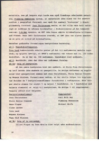 materiale, men på længere sigt burde man også fremdrage udenlandsk materi-
ale. Flemming Hemmersam syntes, at materialet ikke alene var for snævert
nordisk i geografisk forstand, men også for snævert 'historisk' i disci-
plinmæssig forstand. Jens Christensen mente, at det ville være helt natur-
ligt at inddrage de udkomne kildehæfter i diskussionerne på det kommende
seminar. C.E.Bay spurgte, om GMT ikke kunne udgive kildehæfterne billigere
end Fremad. Hans Jørn Christensen svarede, at GMT ikke var blevet anmodet
om at give et tilbud på kildehæfterne.
Herefter godkendte forsamlingen bestyrelsens beretning.
ad 3. Regnskabsaflgggelse.
Tove Lund kommenterede enkelte poster på det til medlemmerne omdelte regn-
skab, og oplyste iøvrigt, at SFAH's medlemstal var vokset med ca. 120 siden
årskiftet. Nu er der ca. 340 medlemmer. Regnskabet blev godkendt.
ad 4. Bortfaldt, idet der ikke var indkommet forslag.
ad Sa) Valg af
bestyrelse.
Af den gamle bestyrelse blev det meddelt, at Niels Finn Christiansen
og Leif Larsen ikke Ønskede at genopstille. De øvrige medlemmer og supple-
anter blev genopstillet sammen med Jens Christensen, Niels Senius Clausen
og Mogens Nielsen. Forsamlingen vedtog, at der skulle vælges tre supplean›
ter foruden de 7 bestyrelsesmedlemmer foreskrevet i vedtægterne. Hver væl-
ger skulle stemme for mindst 5 og højest 7 kandidater. De 7 kandidater med
højeste stemmetal er valgt til bestyrelsen, de øvrige 3 til suppleanter.
Valgets udfald blev følgende:
Bestyrelsesmedlemmer: Suppleanter:
Jens Christensen Carl Erik Bay
Niels Senius Clausen Flemming Hemmetsam
Hans Fluger Michael Wolfe
Claus Larsen
Tove Lund
Mogens Nielsen
Vagn Oluf Nielsen
ad 5b) Valg af to revisorer.
Lilian Fluger og Irma Grelle blev valgt uden modkandidater.
 