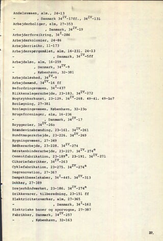 Andelsvæsen, alm., 24-13
-
, Danmark 341V-17ff., 34IV-131
Arbejderboliger, alm, 27-353
-
, Danmark, 34IV-19
Arbejderforsikring, 341-286
Arbejderkolonier, 24-86
Arbejderrisiko, 11-173
Arbejderspørgsmâlet, alm, 16-231. 24-13
-
, Danmark, 34IV-5ff
Arbejdsløn, alm, 16-259
-
, Danmark, 34IV-9
-
, København, 32-381
Arbejdsløshed, 341V-9
Arbejdsmænd, 341V-16 ff
Befordringsvæsen, 341-437
Blikkenslagerarbejde, 23-183. 341V-272
Bogtrykkerkunst, 23-129. 341V-268. 49-41. 49-107
Brolægning, 27-381
Brolægningsvæsen, København, 32-230
Brugsforeninger, alm, 16-236
-
, Danmark, 341V-17
Bryggerier, 341V-260
Brændevinsbrænding, 23-161. 341V-261
Bundtmagerarbejde, 23-226. 341V-269
Bygningsvæsen, 27-349
Bødkerarbejde, 23-228. 341V-274
Børstenbinderarbejde, 23-227. 341V-274e
Cementfabrikation, 23-189a. 23-191. 341V-271
Cikoriefabrikker, 34IV-263
Cyklefabrikation, 23-275. 341V-274a
Dagrenovation, 27-367
Dampskibsselskaber, 341-445. 341V-313
Dokker, 27-389
Drejerhåndværket, 23-186. 341V-274a
Drikkevarer, tilberedning, 23-151 ff
Elektricitetsværker, alm, 27-365
-
, Danmark, 341-162
Elektriske baner'og sporvogne, 27-387
Fabrikker, Danmark, 341V-257
-
, København, 32-163
31
 