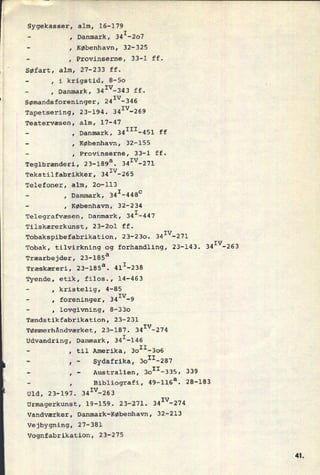 Sygekasser, alm, 16-179
-
, Danmark, 341-207
-
, København, 32-325
-
, Provinserne, 33-1 ff.
Søfart, alm, 27-233 ff.
-
, i krigstid, 8-50
-
, Danmark, 341V-343 ff.
Sømandsforeninger, 241V-346
Tapetsering, 23-194. 341V-269
Teatervæsen, alm, 17-47
-
, Danmark, 34III-451 ff
-
, København, 32-155
-
, Provinserne, 33-1 ff.
Teglbrænderi, 23-1893. 341V-271
Tekstilfabrikker, 34IV-265
Telefoner, alm, 20-113
-
, Danmark, 341-448c
-
, København, 32-234
Telegrafvæsen, Danmark, 341-447
Tilskærerkunst, 23-201 ff.
Tobakspibefabrikation, 23-230. 341V-271
Tobak, tilvirkning og forhandling, 23-143. 34Iv-263
Træarbejder, 23-185a
Træskæreri, 23-185a. 411-238
Tyende, etik, filos., 14-463
-
, kristelig, 4-85
-
, foreninger, 341V-9
-
, lovgivning, 8-33o
Tændstikfabrikation, 23-231
Tømmerhåndværket, 23-187. 34Iv-274
Udvandring, Danmark, 34I-l46
-
, til Amerika, 3011-306
-
,
-
Sydafrika, 3oII-287
-
,
-
Australien, Boll-335, 339
-
, Bibliografi, 49-116a. 28-183
Uld, 23-197. 341V-263
Urmagerkunst, 19-159. 23-271. 341V-274
Vandværker, Danmark-København, 32-213
Vejbygning, 27-381
Vognfabrikation, 23-275
4t
 