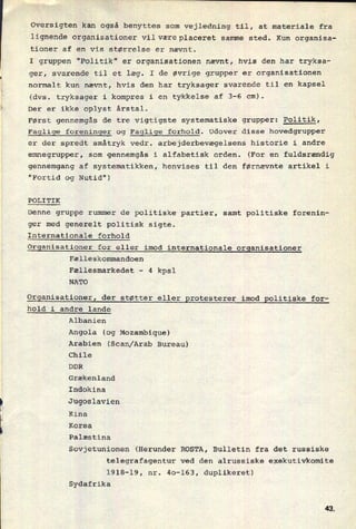 Oversigten kan også benyttes som
vejledning til, at materiale fra
lignende organisationer vilværeplaceret samme sted. Kun organisa-
tioner af en vis størrelse er nævnt.
I gruppen "Politik" er organisationen nævnt, hvis den har tryksa-
ger, svarende til et læg. I de øvrige grupper er organisationen
normalt kun nævnt, hvis den har tryksager svarende til en kapsel
(dvs. tryksager i kompres i en tykkelse af 3-6 cm).
Der er ikke oplyst årstal.
Først gennemgås de tre vigtigste systematiske grupper: Politik,
Faglige foreninger og Faglige forhold. Udover disse hovedgrupper
er der spredt småtryk vedr. arbejderbevægelsens historie i andre
emnegrupper, som gennemgås i alfabetisk orden. (For en fuldsrændig
gennemgang af systematikken, henvises til den førnævnte artikel i
"Fortid og Nutid")
POLITIK
Denne gruppe rummer de politiske partier, samt politiske forenin-
ger med generelt politisk sigte.
Internationale forhold
Organisationer for eller imod internationale organisationer
Fælleskommandoen
Fællesmarkedet -
4 kpsl
NATO
Qgganisationer, der støtter eller protesterer imod politiske for-
hold i andre lande
Albanien
Angola (og Mozambique)
Arabien (Scan/Arab Bureau)
Chile
DDR
Grækenland
Indokina
Jugoslavien
Kina
Korea
Palæstina
Sovjetunionen (Herunder ROSTA, Bulletin fra det russiske
telegrafagentur ved den alrussiske exekutivkomite
1918-19, nr. 40-163, duplikeret)
Sydafrika
 