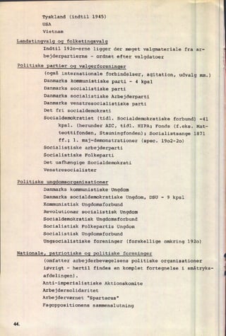 Tyskland (indtil 1945)
USA
Vietnam
Landstingvalg og folketingsvalg
Indtil lQZo-erne ligger der meget valgmateriale fra ar-
bejderpartierne -
ordnet efter valgdatoer
Politiske partier og vælgerforeninger
(også internationale forbindelser, agitation, udvalg mm.)
Danmarks kommunistiske parti -
4 kpsl
Danmarks socialistiske parti
Danmarks socialistiske Arbejderparti
Danmarks venstresocialistiske parti
Det fri socialdemokrati
Socialdemokratiet (tidl. Socialdemokratiske forbund) -41
kpsl. (herunder AIC, tidl. HIPA; Fonds (f.eks. Mat-
teottifonden, Stauningfonden); Socialistsange 1871
ff.; l. maj-demonstrationer (spec. 1902-20)
Socialistiske arbejderparti
Socialistiske Folkeparti
Det uafhængige Socialdemokrati
Venstresocialister
Politiske ungdomsorganisationer
Danmarks kommunistiske Ungdom
Danmarks socialdemokratiske Ungdom, DSU -
9 kpsl
Kommunistisk Ungdomsforbund
Revolutionær socialistisk Ungdom
Socialdemokratisk Ungdomsforbund
Socialistisk Folkepartis Ungdom
Socialistisk Ungdomsforbund
Ungsocialistiske foreninger (forskellige omkring 1920)
Nationale, patriotiske og politiske foreninger
(omfatter arbejderbevægelsens politiske organisationer
iøvrigt
-
hertil findes en komplet fortegnelse i småtryks-
afdelingen).
Anti-imperialistiske Aktionskomite
Arbejdersolidaritet
Arbejderværnet "Spartacus"
Fagoppositionens sammenslutning
h
 