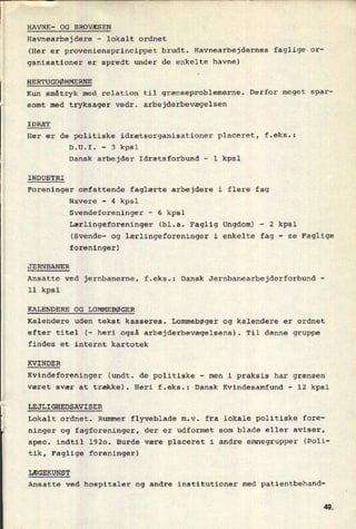 HAVNE- 0G BROVÆSEN
Havnearbejdere -
lokalt ordnet
(Her er proveniensprincippet brudt. Havnearbejdernes faglige or-
ganisationer er spredt under de enkelte havne)
HERTUGDØMMERNE
Kun småtryk med relation til grænseproblemerne. Derfor meget spar-
somt med tryksager vedr. arbejderbevægelsen
IDRÆT
Her er de politiske idrætsorganisationer placeret, f.eks.:
D.U.I. -
3 kpsl
Dansk arbejder Idrætsforbund -
l kpsl
INDUSTRI
Foreninger omfattende faglærte arbejdere i flere fag
Navere -
4 kpsl
Svendeforeninger
-
6 kpsl
Lærlingeforeninger (bl.a. Faglig Ungdom)
-
2 kpsl
(Svende- og lærlingeforeninger i enkelte fag -
se Faglige
foreninger)
JERNBANER
Ansatte ved jernbanerne, f.eks.:
11 kpsl
Dansk Jernbanearbejderforbund
-
KALENDERE OG LOMMEBØGER
Kalendere uden tekst kasseres. Lommebøger og kalendere er ordnet
efter titel (- heri også arbejderbevægelsens). Til denne gruppe
findes et internt kartotek
KVINDER
Kvindeforeninger (undt. de politiske -
men i praksis har grænsen
været svær at trække). Heri f.eks.: Dansk Kvindesamfund -
12 kpsl
LEJLIGHEDSAVISER
Lokalt ordnet. Rummer flyveblade m.v. fra lokale politiske fore-
ninger og fagforeninger, der er udformet som blade eller aviser,
spec. indtil 1920. Burde være placeret i andre emnegrupper (Poli-
tik, Faglige foreninger)
LÆGEKUNST
Ansatte ved hospitaler og andre institutioner med patientbehand-
4Q
 