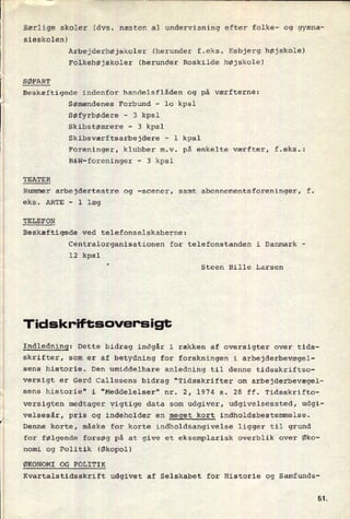 Særlige skoler (dvs. næsten al undervisning efter folke- og gymna-
sieskolen)
Arbejderhøjskoler (herunder f.eks. Esbjerg højskole)
Folkehøjskoler (herunder Roskilde højskole)
SØFART
Beskæftigede indenfor handelsflåden og på værfterne:
Sømændenes Forbund -
lo kpsl
Søfyrbødere
-
3 kpsl
Skibstømrere -
3 kpsl
Skibsværftsarbejdere
-
l kpsl
Foreninger, klubber m.v. på enkelte værfter, f.eks.:
B&W-foreninger -
3 kpsl
TEATER
Rummer arbejderteatre og -scener, samt abonnementsforeninger, f.
eks. ARTE -
l læg
TELEFON
Beskæftigede ved telefonselskaberne:
Centralorganisationen for telefonstanden i Danmark -
12 kpsl
Steen Bille Larsen
Tidskriftsover'sigt
Indledning: Dette bidrag indgår i rækken af oversigter over tids-
skrifter, som er af betydning for forskningen i arbejderbevægel-
sens historie. Den umiddelbare anledning til denne tidsskriftso-
versigt er Gerd Callesens bidrag "Tidsskrifter om arbejderbevægel-
sens historie" i "Meddelelser" nr. 2, 1974 s. 28 ff. Tidsskrifto-
versigten medtager vigtige data som udgiver, udgivelsessted, udgi-
velsesår, pris og indeholder en
meget kort indholdsbestemmelse.
Denne korte, måske for korte indholdsangivelse ligger til grund
for følgende forsøg på at give et eksemplarisk overblik over Øko-
nomi og Politik (Økopol)
ØKONOMI 0G POLITIK
Kvartalstidsskrift udgivet af Selskabet for Historie og Samfunds-
5L
 