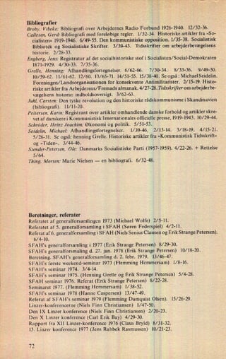 Bibliografier i
Broby, Vibeke: Bibliografi over Arbejdernes Radio Forbund 1926-1940. 12/32-36.
Callesen. Gerd: Bibliografi med foreløbige regler. 1/ 32-34. Historiske artikler fra »So-
cialisten« 1919-1946. 6⁄49-55. Den kommunistiske opposition. l/35-38. Socialistisk
Bibliotek og Socialistiske Skrifter. 3/ 39-43. Tidsskrifterom arbejderbevægelsens
historie. 2/28-33.
Engberg, Jens: Registratur af det socialhistoriske stof i Socialisten/Social-Demokraten
1871-1929. 4⁄30-33. 7/35-36.
Grelle, Henning: Afhandlingsfortegnelser. 6⁄62-66. 7/30-34. 8/33-36. 9/49-50.
10/59-62. 11/61-62. 12/60. 13/65-71. 14/51-55. 15/38-40. Se ogsåzMichaelSeidelin.
Foreningen/ Landsorganisationen for konsekvente Antimilitarister. 7/ 15- 19. Histo-
riske artikler fra Arbejderens/Fremads almanak. 4/ 27-28. Tidsskrifter om arbejderbe-
vægelsens historie: indholdsoversigt. 3/62-63. i
Juhl, Carsten: Den tyske revolution og den historiske rådskommunisme i Skandinavien
(bibliografi). ll/ll-20.
Peitersen, Karin: Registrant over artikler omhandlende danske forhold og artikler skre-
vet af danskere i Kommunistisk Internationales officielle presse,1919-1943. 10/29-44.
Schröder, Heinz Joachim: Økonomi og politik. 5/51-53.
'
Seidelin, Michael: Afhandlingsfortegnelser. 1/39-46: 2/13-14. 3/ 18-19. 4/15-21.
5/28-31. Se også: henning Grelle. Historiske artikler fra »Kommunistisk Tidsskrif «
og »Tiden«. 3/44-46. ;
Stender-Pelersen, Ole: Danmarks Socialistiske Parti (19574959). 4⁄22-26. + Rettelse
5/64.
Thing, Morten: Marie Nielsen -
en bibliografi. 6/32-48.
Beretninger, referater i
Referatet af generalforsamlingen 1973 (Michael Wolfe) 2/5-11.
Referatet af 5. generalforsamling i SFAH (Søren Federspiel) 4⁄2-ll.
Referat af 6. generalforsamling i SFAH (Niels Senius Clausen og Erik Strange Petersen).
6⁄4-10. i
SFAH's generalforsamling i 1977 (Erik Strange Petersen) 18/29-30.
SFAH's generalforsmaling d. 27. jan. 1978 (Erik Strange Petersen) 10/18-20.
Beretning. SFAH's generalforsamling d. 2. febr. 1979. 13/46-47.
SFAH's første weekend-seminar 1973 (Flemming Hemmersam) l/8-l6.
SFAH's seminar 1974. 3/4-14.
i
SFAH's seminar 1975. (Henning Grelle og Erik Strange Petersen) 5/4-28.
SFAH seminar 1976. Referat (Erik Strange Petersen) 8/22-28.
Seminaret 1977. (Flemming Hemmersam) l/38-52.
'
SFAH's seminar 1978 (Hanne Caspersen) 13/47-49.
Referat af SFAH”s seminar 1979 (Flemming Damquist Olsen). 15/26-29.
Linzer-konferencerne (Niels Finn Christiansen) l/47-50.
Den lX Linzer konference (Niels Finn Christiansen) 2⁄20+23.
Den x Linzer konference (Carl Erik Bay) 4⁄29-30.
*
Rapport fra Xll Linzer-konference 1976 (Claus Bryld) 8/31-32.
l3. Linzer konference 1977 (Jens Rahbek Rasmussen) 10/21-23.
72
 