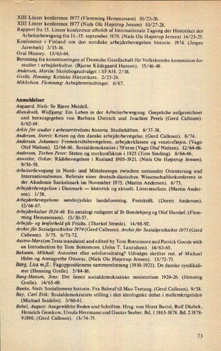 XIII Linzer konference 1977 (Flemming Hemmersam) 10/23-26.
Xlll Linzer konference 1977 (Niels Ole Højstrup Jensen) 10/27-28.
Rapport fra 15. Linzer konference afholdt af Internationale Tagung der Historiker der
Arbeiterbewegung fra 11.-15. september 1979. (Niels Ole Højstrup Jensen) 14/23-25.
Konference iFinland om den nordiske ar'bejderbevægelseshistorie. 1974. (Jesper
Jarmbæk) 3/15-16.
Oral History. 13/63-64.
Beretning fra konstitueringen af Deutsche Gesellschaft für Volkskundes kommision for
studier i arbejderkultur. (Bjarne Kildegaard Hansen). 15/46-48.
Andersen, Martin: Skolebogsudvalget i SFAH. 2/38.
Grelle, Henning: Kritiske Historikere. 2/23-24.
Mikkelsen, Flemming: Arbejdererindringer. 6/67.
Anmeldelser
Aagaard, Niels: Se Bjørn Meidell.
Abendroth, Wolfgang: Ein Leben in der Arbeiterbewegung. Gespräche aufgezeichnet
und herausgegeben von Barbara Dietrich und Joachim Perels (Gerd Callesen).
8/62-64.
Arkiv för studier i arbetarrörelsens historia. Studiehäften. 8/ 37-38.
Andersen, Dorrit: Krisen og den danske arbejderbevægelse. (Gerd Callesen). 8/74.
Andersen, Johannes: Fremskridtsbevægelsen, arbejderklassen og venstrefløjen. (Vagn
Oluf Nielsen). 12/64-66. Socialdemokratiet i 70'erne (Vagn Oluf Nielsen). 12/64-66.
Andersen, Torben Peter: Staten og storkonflikten i 1925 (Tom Sinding). 8/64-66.
Anweiler, Oskar: Rådsbevægelsen i Rusland 1905-1921. (Niels Ole Højstrup Jensen).
9/56-58.
Arbeiterbewegung in Nord- und Mitteleuropa zwischen nationaler Orienterung und
Internationalismus. Referate einer deutsch-dänischen Wissenschaftlerkonferenz in
der Akademie Sankelmark im November 1975. (Martin Andersen). 8/75.
Arbejderbevægelsen i Danmark -
historisk og aktuelt. Litteraturliste. (Martin Ander-
sen). l/58.
Arbejderbevægelsens sønderjydske landsforening. Festskrift. (Dorrit Andersen).
12/66-67.
Arbejderkultur 1924-48. En antalogi redigeret af Ib Bondebjerg og Olaf Harsløf. (Flem-
ming Hemmersam). 15/30-57.
Arbejds- og Iønforhold på Frichs. (Therkel Stræde). 14/88-92.
Archiv für Sozialgeschichte 19 74 (Gerd Callesen). Archivfür Sozialgeschichte 19 75 (Gerd
Callesen). 5⁄75. 6/71-72.
Austra-Marxism.Texts translated and edited by Tom Bottomore and Patrick Goode with
an Introduction by Tom Bottomore. (John T. Lauridsen). 14/63-65.
Bakunin, Mikhail: Autoritet eller selvforvaltning? Udvalgte skrifter red. af Michael
Helm og Annagrethe Ottovar. (Niels Ole Højstrup Jensen). 13/72-73.
Bang, Lisa mJl.: Fagoppositionens sammenslutning (1910-1921). De danske syndikali-
ster (Henning Grelle). 5/ 84-86.
Bang-Hansen, Jens: Det første socialdemokratiske ministerium 1924-26. (Henning
Grelle). 14/65-69.
Banke, Niels: Socialismens historie. Fra Babeuf til Mao Tsetung. (Gerd Callesen). 9/58.
Bay, Carl Erik: Socialdemokratiets stilling i den ideologiske debat i mellemkrigstiden
(Michael Seidelin). 3/60-61.
Bebel. August: Ausgewählte Reden und Schriften. Hrsg. von Horst Barrel, Rolf Dlubek,
Heinrich Gemkow, Ursula Herrmann und Gustav Seeber. Bd. l 1863-l878. Bd. 2 1878-
91890. (Gerd Callesen). 13/74-75.
73
 