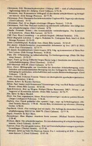 Christensen, Erik: Havnearbejderstrejken i Esbjergi 1893 -
træk af arbejdsmændenes
fagforenings første år i Esbjerg. (Gerd Callesen). 5/75-76.
Christensen, Jens: Kommenteret bibliograñ til den danske arbejderklasses og bevægel-
ses historie. (Erik Strange Petersen). 14/77-79.
Christensen, Peter: Danmarks Socialdemokratiske Ungdom 60 år. Ingen sejr uden kamp.
(Gerd Callesen). 15/53.
Christensen, Paul: Af en illegals erindringer (Mogens Nielsen). 7/55-56.
Christiansen, Niels Finn: National tradition og udenlandsk indflydelse i den tidlige dan-
ske arbejderbevægelse. (Gerd Callesen). 8/78.
Claudin, Fernando: Krisen i den kommunistiske verdensbevægelse. Fra Komintern
til Kominform. (Steen Bille Larsen). 12/72-73.
Cliff Tony: Rosa Luxemburg -
en politisk biografi. (Michael Seidelin). 3/61.
Dansk Biografisk Leksikon. 3. udgave, Redaktør Sv. Cedergreen Beck, bind 1-4. (Erik
Strange Petersen). 15/53-55.
Dansk Lokalbibliagraji, Roskilde Amt. (Steen Bille Larsen). 15/42-43.
Den danske Arbejderbevægelses programmatiske dokumenter og love. (1871 til 1913).
(Niels Finn Christiansen). 12/73-77.
Det danske Socialdemokratis Gimle-kongres 1876. Udg. og kommenteret af Hans-Nor-
bert Lahme. (Erik Strange Petersen). 9/59-61.
Degn, Ole: Urbanisering og industrialisering. En forskningsoversigt. (Niels Ole Høj-
strup Jensen). 15/55-57.
Deppe, Frank og Georg Fülberth/Jürgen Harrer (udg.): Geschichte der deutschen Ge-
werkschaftsbewegung. (Knud Knudsen). 11/63-67.
DKP-Materiale 1930-39. (Gerd Callesen). 6/ 72-73.
Dowe, Dieter: Bibliographie zur Geschichte der deutschen Arbeiterbewegung, sozia-
listischen und kommunistischen Bewegung von den Anfängen bis 1863 unter Berück-
sichtigung der politischen, wirtschaftlichen und sozialen Rahmenbedingungen. (Gerd
Callesen). 7/ 56-58.
Dreier, Frederik: Folkenes Fremtid. Tekster om ideologikritik og arbejderorganisation.
(Michael Seidelin). 2/40-41.
Duncan, Robert: Se Royden Harrison.
Elflein, Paul: Immer noch Kommunist? Erinnerungen, hrsg. von Rolf Becker und Claus
Bremer. (Steen Bille Larsen). 14/83-84.
Egaa-Kristensen, Bent og Mogens Rüdiger/Hanne Rasmussen: DKP i 301erne -
på
baggrund af Kominterns historie. (Steen Bille Larsen). 10/76-77.
Elm, Bjørn: Se Bjørn Meidell.
Elster, Jon: Stat, organisasjon, klasse. Noen hovedretninger i moderne politisk filosofi.
(Jørgen Lindegaard Pedersen). 7/58-60.
Engberg, Jens: Dansk guldalder eller oprøret i tugt-, rasp- og forbedringshuset. (Mi-
chael Seidelin Hansen). V 59-60. Harald Brix, revolutionen og reformen. (Henning
Grelle) 6/ 90-93.
Engelhardt, Ulrich: »Nur vereinigt sind wir stark«. Die Anfänge der deutschen Gewerk-
schaftsbewegung1862/63 bis 1869/70. (Gerd Callesen). 12/77-78.
Engels, Friedrich: Se Karl Marx.
Enzensberger, Hans Magnus: Anarkiets korte sommer. (Michael Seidelin Hansen).
2/39-40.
Erichsen, Bjørn: Om arbejderbevægelsen. En introduktionsbog til arbejderbevægelsens
historie. (Gerd Callesen). 10/64-67.
Espersen. Ernst: Fra det gamle kontor. 50 år ved Centralarbejdsanvisningen og arbejds-
formidlingen. (Therkel Stræde). 15/57-58.
Federspiel, Søren og Niels Ole Højstrup Jensen: Fra 1. verdenskrig til 1939 --
Socialis-
mens historie 2. (Gerd Callesen). 11/67-70.
75
 