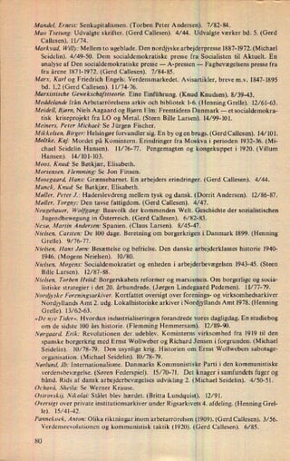 l
›
Mandel, Ernest: Senkapitalismen. (Torben Peter Andersen). 17/82-84.
Mao Tsetung: Udvalgte skrifter. (Gerd Callesen). 4/44. Udvalgte værker bd. 5. (Gerd
Callesen). 11/74.
Markvad, Willy: Mellem to ugeblade. Den nordjyske arbejderpresse1887-1972. (Michael
Seidelin). 4/49-50. Dem socialdemokratiske presse fra Sbcialisten til Aktuelt. En
analyse af Den socialdemokratiske presse
-
A-pressen -
Fagbevægelsens presse fra
fra årene 1871-1972. (Gerd Callesen). 7/84-85. i
Marx. Karl og Friedrich Engels: Verdensmarkedet. Avisartikler, breve m.v. 1847-1895
bd. 1,2 (Gerd Callesen). 11/74-76.
Marxistische Gewekschafstteorie. Eine Einführung. (Knud nudsen). 8/ 39-43.
Meddelande från Arbetarrörelsens arkiv och bibliotek 1-6. ( enning Grelle). 12/61-63.
Meidell, Bjørn, Niels Aagaard og Bjørn Elm: Fremtidens Danmark -
et socialdemokra-
tisk kriseprojekt fra LO og Metal. (Steen Bille Larsen). 14⁄99-101.
Meiners, Peter Michael: Se Jürgen Fischer.
*
Mikkelsen, Birger: Helsingør forvandler sig. En by og en brugs. (Gerd Callesen). 14/10 1.
Moltke, Kaj: Mordet på Komintern. Erindringer fra Moskva i perioden 1932-36. (Mi-
chael Seidelin Hansen). 11/76-77. Pengemagten og kongekuppet i 1920. (Villum
Hansen). 14⁄101-103.
Moos, Knud: Se Bøtkjær, Elisabeth.
Mortensen, Flemming: Se Jon F insen.
3
Mosegaard, Hans: Grænsebarnet. En arbejders erindringer. (Gerd Callesen). 4/44.
Munck, Knud' Se Bøtkjær, Elisabeth. :
Mal/er. Peter J.: Haderslevdreng mellem tysk og dansk. (D rrit Andersen). 12/86-87.
Møller. Torgny: Den tavse fattigdom. (Gerd Callesen). 4/4 .
Neugebauer. Wolfgang: Bauvolk der kommenden Welt. Geschichte der sozialistischen
Jugendbewegung in österreich. (Gerd Callesen). 6/82-83.
Nexø, Martin Andersen: Spanien. (Claus Larsen). 8/45-47. 3
Nielsen. Carsten: De 100 dage. Beretning om borgerkrigen i Danmark 1899. (Henning
Grelle). 9/76-77.
Nielsen, Hans Jørn: Besættelse og befrielse. Den danske arbejderklasses historie 1940-
1946. (Mogens Neielsen). 10⁄80.
Nielsen, Mogens: Socialdemokratiet og enheden i arbejderbevægelsen 1943-45. (Steen
Bille Larsen). 12/87-88. i
Nielsen. Torben Hviid: Borgerskabets reformer og marxismen. Om borgerlige og socia-
listiske strategier i det 20. århundrede. (Jørgen Lindegaard Pedersen). 11/77-79.
Nordjyske Foreningsarkiver. Kortfattet oversigt over
foreniqgs-og virksomhedsarkiver
Nordjyllands Amt 2. udg. Lokalhistoriske arkiver iNordjyllands Amt 1978. (Henning
Grelle). 13/62-63.
»De nye Tider«, Hvordan industrialiseringen forandrede voqes dagligdag. En studiebog
om de sidste 100 års historie. (Flemming Hemmersam). i12/89-90.
Nørgaard. Erik: Revolutionen der udeblev. Kominterns virksomhed fra 1919 til den
spanske borgerkrig med Ernst W'ollweber 0g Richard
Jensen i forgrunden. (Michael
Seidelin). l0/78-79. Den usynlige krig. Historien om Elrnst Wollwebers sabotage-
organisation. (Michael Seidelin). 10⁄78-79.
Nar/una'.›1b: lnternationalisme. Danmarks Kommunistiske *Partii den kommunistiske
verdensbevægelse. (Søren Federspiel). 15/70-71. Det knager i samfundets fuger og
bånd. Rids af dansk arbejderbevægelses udvikling 2. (Michael Seidelin). 4/50-51.
()l'/10'á. Sheila: Se Werner Krause.
()strovskij. Nikolai: Stålet blev hærdet. (Britta Lundquist). i 12/91.
Oversigt over private institutionsarkiver under Rigsarkivets 4. afdeling. (Henning Grel-
le). 15/41-42.
Panna/(ook. Anton: Olika riktningar inom arbetarrörelsen (1909).(Gerd Callesen). 3/56.
Verdensrevolutionen og kommunistisk taktik (1920). (Gerd Callesen). 6/85.
80
 