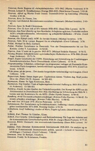 Peitersen, Karin: Register til »Arbejderhøjskolen« 1931-1962. (Martin Andersen). 8/38
Persson, Lennart K.: Syndikalismen iSverige 1903-1922. (Niels Senius Clausen). 7/85-88.
Petersen, Alfred og Martin Evald Jensen: Trommehvirvler og kanonslag. (Henning
Grelle). 6/83-84.
Petersen, Birte: Se Finsen, Jon.
Petersen, Carl Heinrich: Revolutionære socialister i Danmark. (Michael Seidelin). 2/41-
42.
Petersen, Egon: Se Bodil Christensen.
Petersen, Gert: Et kort rids af SFs historie 1958-1954. (Steen Bille Larsen). 10/79.
Petersen, Jens Peter Østerby og Jens Skovholm: Arbejderne og krisen. Forholdet mellem
AOFs arbejderuddannelse, reformismen og arbejderbevidstheden i 30'erne. (Gerd
Callesen). 12/67-68.
Petersen, Ole Hyltoft (red.): AOF. En bevidst fremtid. (Michael Seidelin). 3/ 59.
Petersen, Palle: 50 år i jernet. Rapport fra en
arbejdsplads. (Gerd Callesen). 3/ 56.
Pollak, Michael: Se Botz, Gerhard.
Pollak, Walther: Sozialismus 'in österreich. Von der Donaumonarchie bis zur Åra
Kreisky. (John T. Lauridsen). 15/62-65.
Poperen, Jean: L'unité de la gauche 1965-1973. (Michael Seidelin Hansen). 9/70-72.
Possing, Birgitte: Arbejderkvinder og kvindearbejde iKøbenhavn ca. 1870-1906. (Svend-
Aage Andersen). 15/71-74.
Prager, Eugen: Geschichte der USPD. Entstehung und Entwicklung der Unabhängigen
Sozialdemokratischen Partei Deutschlands. (Gerd Callesen). 13/78-83.
Programsamling. Udtalelser, erklæringer og programmer vedtaget på Danmarks Kom-
munistiske Partis kongresser, landskonferencer og landsmøder 1952-1974. (Gerd Cal-
lesen). 6/84-85.
På det jævne, på det jævne... Det danske borgerskabs vankelmodige vej til magten. (Gerd
Callesen). 3/58
Ragnerstam, Bunny: Innan dagen gryr. Uppbrottets timme. Vredens dag. Skall jorden
bliva vår. (Niels Ole H. Jensen). l4⁄103-105.
Rasmussen, Hanne: Se Egaa Kristensen, Bent.
Rasmussen, Stig Günther: Træk af fagbevægelsens historie i Aalborg ca. 1885-1914. (Dor-
rit Andersen). 13/100-103.
Reisberg, Arnold: An den Quellen der Einheitsfrontpolitik. Der Kampf der KPD um die
Aktionseinheit in Deutschland 1921-1922. Ein Beitrag zur
Erforschung der Hilfe W. I.
Lenins und der Komintern für die KPD. (Peder Hjorth Jensen). 8⁄44-45.
Rundberg, Arvid: En russisk arbejders erindringer. (Kirsten Folke Harrits). l l/ 80-82. En
svensk arbejders erindringer. (Kirsten Folke Harrits). 11/80-82.
Den røde liste I975-juni 1978. (Karen Pedersen). 12/91-92.
Salomonsson, Per: Socialismen og Socialdemokratiet. Indføring i dansk arbejderbevæ-
gelses teoridannelse 1871-1884. Henning Grelle). 4/51-54.
Schleifstein, Josef' Indføring i studiet af Marx, Engels og Lenin. (Jakob Munck). 6/85-
88.
Schmitz, Kurt Thomas: Se Günther, Klaus.
Schöck, Eva Cornelia: Arbeitlosigkeit und Rationalisierung. Die Lage der Arbeiter und
die kommunistische Gewerkschaftspolitik 1920-28. (Jørgen Bloch-Poulsen). 9/77-81.
Scocozza, Benito: Danmark i den internationale klassekamp. (Steen Bille Larsen). l4⁄
105-106.
Sidenius, Niels Christian: Kommunistisk Internationale 1929-1935. En analyse og en
kritik af Kommunistisk Internationales politik, specielt i forhold til fascismen og
udviklingen i Tyskland. (Gerd Callesen). 7/88-89.
Simonsen, Arne: Se Bøtkjær, Elisabeth.
Simonsen, Freddy: Se Kristiansen, Freddie.
8!
 