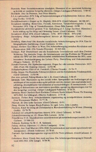 Skarstein, Rune: Socialøkonomiens elendighet. Elementer til en marxistisk forklaring
0g kritikk av moderne borgerlig økonomi. (Jørgen LindegaardPedersen). 7/ 89-92.
Skovholm, Jens: Se Petersen, Jens Peter Østerby.
l
S.L.A.s adresseliste 1979. Udg. af Sammenslutningen af lokalhistoriske Arkiver. (Hen-
ning Grelle). 13/62-63.
'
Socialdemokratiet i Dragør og St. Magleby 1904-1979. (Gerd Callesen). 14/ 106- 107.
Socialistisk håndbog. Beskrivelse, Formål, Aktiviteter, Tidsskriftsfortegnelse. 2. udg.
November 1978. Udg. af Tidsskriftscentret. (Steen BilleyLiarsen).13/99.
Socialpolitiske aktiviteter gennem 75 år. Indledning af J. Lainge Jacobsen. Historien i
korte uddrag og fire bilag ved Flemming Teisen. (Gerd Gallesen). 7⁄92.
Socialistisk Årbok 1974. (Gerd Callesen). 3/54. 1975 5/80481. 1976 6/89.
Stavnsbjerg. Helge: Arbejderbevægelsens historie på Skivjeegnen.(Gerd Callesen).
10/63.
Steinberg, Hans-Josef' Die deutsche sozialistische Arbeiterbewegung bis 1914. Eine bi-
bliographische Einführung. (Gerd Callesen). 13/104.
Steiner, Herbert: Karl Marx in Wien. Die Arbeiterbewegungzwischen Revolution und
Restauration 1848. (Ole Stender-Petersen). 13/105-108. 1
Steiniger, Rolf: Deutschland und die Sozialistische Internationale nach dem Zweiten
Weltkrieg. Die deutsche Frage, die Internationale und dais Problem der Wiederauf-
nahme der SPD auf den internationalen sozialistischen Kpnferenzen bis 1951, unter
besonderer Berücksichtigung der Labour Party. Darstellimg und Dokumentation.
(Mogens Nielsen). 15/74-76.
Stender-Petersen, Ole: Kjøbenhavnsposten. Organ for »det extreme Democrati« 1827-
1848. (Niels Ole Højstrup Jensen). 12/92-94.
3
S tilladsarbejdernes Klub 60 år. Festskrift. (Therkel Stræde).i 15/76-77.
Sti/lig. Jürgen: Die Russische F ebruarrevolution und die SozialistischeFriedenspolitik.
(Gerd Callesen). 11/85-86.
'
Den store polemik Peking-Moskva bd. I, II. (Gerd Callesen). 5/ 86-87.
Sørensen. Curt: Marxismen og den sociale orden. Spørgsmåletom forklaringen på og
ændringen af den sociale orden og det politisk-taktiske element iden marxistiske teori-
udvikling, eksemplificeret ved elementer af teoriudviklingen i II internationale. -
Et
bidrag til diskussionen om marxismens specifikke egenartiog afgrænsningen over for
den borgerlige sociologi. (Jørgen Lindegaard Pedersen). 8/ 50-53.
Sørensen, Mette Charlotte Rask/ Kathrina Tobiasen/ Karin SáhjødtWorm: Th. Stauning
1873-1942. En bibliografi. (Martin Andersen). 2/35-36.
'
Sørensen, Torben Berg: Arbejderklassens organisering og socialpolitikkens dannelse.
(Iver Hornemann Møller). 15/77-78.
Thiersen, Ib: Den tyske fascisme. (Gerd Callesen). 10/81. 1
Thing. Morten: Se Jørgen Bloch-Poulsen. Se også: Levy, Jette Lundbo.
Thomsen, Knud' En dreng på Christianshavn. Barndomsskildring fra 30”erne. (Henning
Grelle). 15/78-79.
1
Tidsskrift for arbejderbevægelsenshistorie 1976. (Gerd Callesen). 8/ 79-80.
Tidsskriftorientering nr. 43. (Steen Bille Larsen). 10/82.
Timasltkova, 0. K.: Skandinaviens socialdemokrati på nuværendeetape(russisk). (A.-V.
Carlsen). 13/108-111.
3
Tobiasen, Kat/Irina: Se M. C. R. Sørensen.
Tolstoj, Aleksej: Ildprøven 1-3. (Britta Lundquist). 12/94.
Topholm, Jens: Emil Marrott (1856- 1940): Socialdemokrat med sociale og nationale sær-
standpunkter. (Dorrit Andersen). 15/79-81.
Tværsnitt. Sju forskningsrapporter utgivna till LOs 75-års jubileum. (Gerd Callesen). 2/
38.
Ueberhorst, Horst: Frisch, frei, Stark und treu. Die Arbeitersportbewegungin Deutsch-
land 1893-1933. (Ole Lange). 8/54-56.
i
82
 