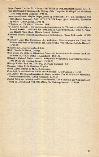 Varga, Eugene: La crise. Texte intégral de l'édition de 1935. (Michael Seidelin). 7/74-78.
Vass, Henrik (udg.): Studies on the History of the Hungarian Working-Class Movement
(1867-1966). (Gerd Callesen). 8/56-60.
Venstreoppositionens skrifter. Bøger, pjecer og foldere 1968-1971, incl. tidsskrifter 1968
1973. (Karen Pedersen). 5/82. 1972-1973- 1974. Bøger, pjecer, løbesedler, tidsskrifter
og aviser. (Gerd Callesen). 8/80-81.
VS Bulletin nr. 178. (Gerd Callesen). 10/82.
VS' historie. Kapitel I i: Introduktionsskolingsmateriale for VS, hæfte l. (Peder Hjorth
Jensen). 8/60-61. 1967-1975. En skitse. Red. afAsger Boestmann, Torben K. Peder-
sen, Harald Plum. (Peder Hjorth Jensen). 8/60-61.
Wanscher, Torben: Forsamlingsfriheden og »fælledslaget«.(Søren Federspiel). 14/ 107-
109.
Wegmüller, Jürg: Das Experiment der Volksfront. Untersuchungen zur Taktik der
Kommunistischen Internationale der Jahre 1934 bis 1938. (Michael Seidelin Hansen).
11/86-87.
Weidenholzer, Josef' Se Gerhard Botz.
Weill, Claudie: Se Haupt, George.
West, Franz: Die Linke im Ständestaat österreich. Revolutionäre Sozialisten und Kom-
munisten 1934-1938. (John T. Lauridsen). 15/81-82.
Willerslev, Richard' Sådan boede vi. Arbejdernes boligforhold i København omkring
1800. (Niels Ole Højstrup Jensen). 15/55-77.
Wistrup, Robert: Tale om DKU 1922-24. (Gerd Callesen). 8/81.
Woolven, Gillian B.: Se Harrison, Royden.
Worm, Karin Schjødt: Se M. C. R. Sørensen.
Zeitschrift für sozialistische Politik und Wirtschaft. (Gerd Callesen). 14/60.
2011, Rainer: Der Doppelcharakter der Gewerkschafen. Zur Aktualität der Marxschen
Gewerkschaftstheorie. (Knud Knudsen). 8/39-43.
Zunkel, Friedrich: Industrie und Staatssozialismus. Der Kampf um die Wirtschaftsord-
nung in Deutschland 19l4-1918. (Niels Ole Højstrup Jensen). 11/87-88.
83
 