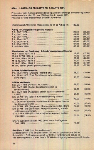 SFAH LAGER- OG PRISLISTE PR. 1. MARTS 1981.
1
Priserne er incl. moms og forsendelse og justeret som følge af moms- og porto-
forhøjelsen hhv. den 30. juni 1980 og den 2. januar 1981.
Priserne for ikke-medlemmer er anført i parantes.
Medlemsskab 1981 (incl. Meddelelser 16-17 og Årbog11)
Årbog for Arbejderbevægelsens Historie:
A3, GMT 1973 ...................................
Å 4, GMT 1974 . . . . . . . . . . . . . . . . . . . . . . . . . . . . . . . . . . . . . . .
Å5, GMT 1975 . . . . . . . . . . . . . . . . . . . . . . . . . . . . . . . . . . .
Å 7, SFAH 1977 . . . . . . . . . . . . . . . . . . . . . . . . . . . . . . . . . . . . ..
Å8,SFAH1978 . . . . . . . . . . . . . . . . . . . . . . . . . . . . . . . . . . . . ..
Å 9, SFAH 1979 . . . . . . . . . . . . . . . . . . . . . . . . . . . . . . . . . . . .
Å1OSFAH 1980 . . . . . . . . . . . . . . . . . . . . . . . . . . . . . . . . . . . ..
Meddelelser om Forskning l Arbejderbevægelsens Historle:
M 2-7, GMT 1974-76, a . . . . . . . . . . . . . . . . . . . . . . . . . . . . . ..
M 8-9, SFAH 1977, a . . . . . . . . . . . . . . . . . . . . . . . . . . . . . .
M10-11,SFAH1978,a . . . . . . . . . . . . . . . . . . . . . . . . . . . . . ..
M12-13,SFAH1979,a . . . . . . . . . . . . . . . . . . . . . . . . . .
M 14-15, SFAH 1980, a ...........................
M 11A, særnr. (ABAs protokolsamling) . . . . . . . . . . . . . . ..
SFAHs Publlkationsserie:
P 3, SFAH 1975 (Engberg : Harald Brix) . . . . . . . . . .
P 4, SFAH 1976 (Poul Christensen: Af en illegals
erindringer) . . . . . . . . . . . . . . . . . . . . . . . . . . . . . . . . . . . . . . ..
SFAHs skriftserle:
S 2, GMT 1975 (Nymark: Fr. Dreier) . . . . . . . . . . . . . . . . .
S 3, GMT 1976 (Bryld: Socialdemokratiet og
'
revisionismen) . . . . . . . . . . . . . . . . . . . . . . . . . . . . . . . . . . . ..
S 4, GMT 1976 (Andersen: Staten og Storkonflikten 3
i 1925) . . . . . . . . . . . . . . . . . . . . . . . . . . . . . . . . . . . . . . . . . . . ..
S 6, SFAH 1977 (Broch: Kvindearbejde og kvinde-
organisering) . . . . . . . . . . . . . . . . . . . . . . . . . . . . . . . . . . ..
S 7, SFAH 1978 (Grelle: Socialdemokratiet og det danske
Iandbrugssamfund) . . . . . . . . . . . . . . . . . . . . . . . . . . . . . .
S 8', SFAH 1978 (Jørgensen: Kompentancestriden i D3sF)
S 9, SFAH 1979 (Srensen: Arbejderklassen og social-
politikkens dannelse) . . . . . . . . . . . . . . . . . . . . . . . . . . . .1. ..
S 10, SFAH 1980 (Nordisk arbejderbevægelse i mellem-
krigstiden) . . . . . . . . . . . . . . . . . . . . . . . . . . . . . . . . . . . .
.
..
SFAHs jubilæumsplakat 1980 (med motiv fra Fagenes
Fest 1940) . . . . . . . . . . . . . . . . . . . . . . . . . . . . . . . . . . . .
Særtilbud i 1981 (kun for medlemmer):
120,00
26,50
44,50
38,50
55,00
67,00
67,00
67,00
12,50
17,00
20,00
22,00
26,00
26,00
25,00
25,00
26,50
42,50
26,50
40,00
47,00
42,00
40,00
52,00
15,00
Meddelelser nr. 2-15 sælges samlet for 200 kr. (ordinær pris 245 kr.)
Årbog 3-5 + 7-10 sælges samlet for 300 kr. (ordinær pris 365,50 kr.)
(35,00)
(60,00)
(55,00)
(78,00)
(95,00)
(95,00)
(95,00)
(17,00)
(24,00)
(28,00)
(32,00)
(37,00)
(37,00)
(35,00)
(35,00)
(35,00)
(60,00)
(35,00)
(57,00)
(67,00)
(60,00)
(57,00)
(74,00)
Ved samtidig køb af 3 eller flere af SFAHs hidtidige udgivelser gives 10 % rabat.
88
 